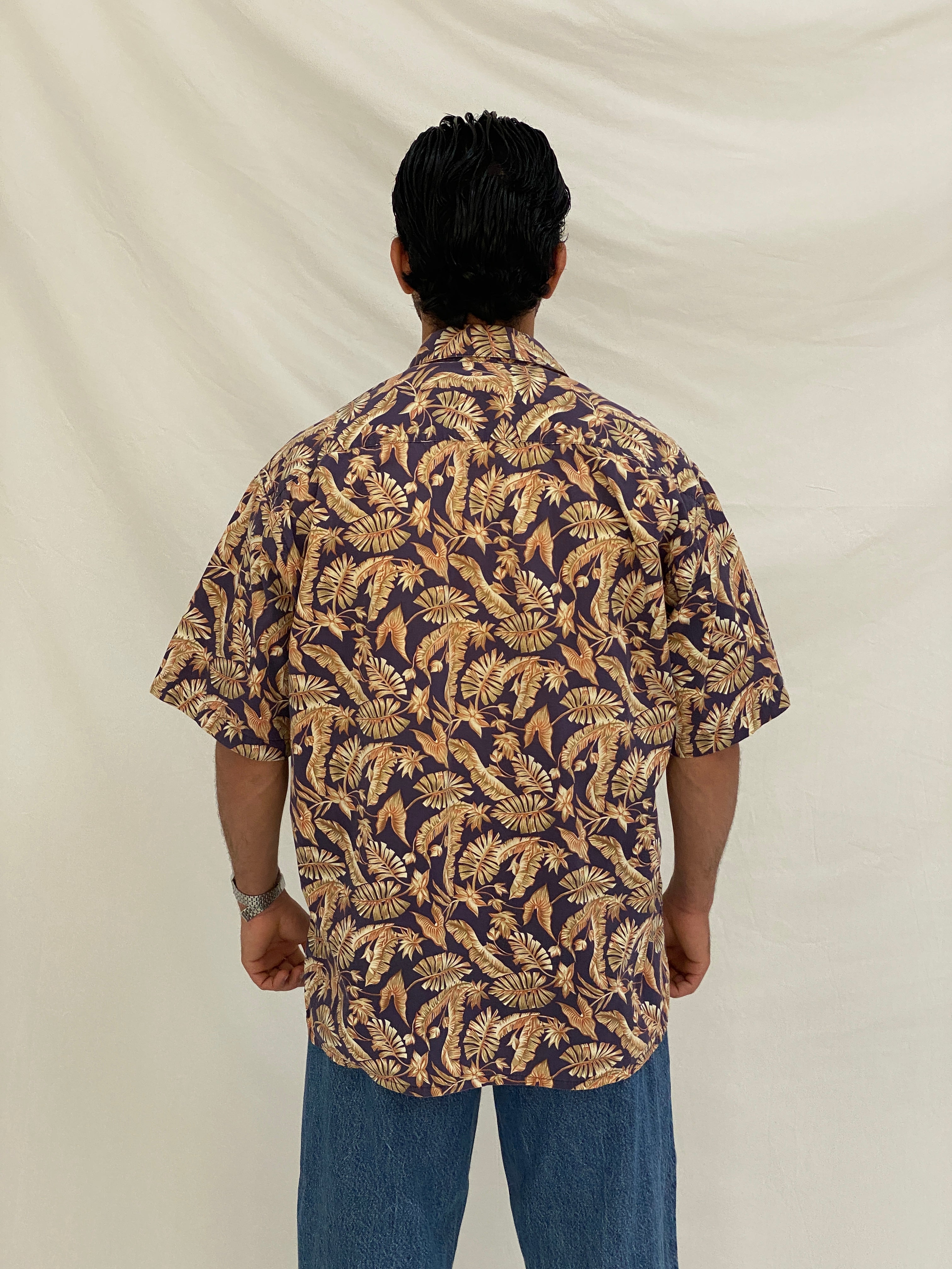 Vintage Pierre Cardin Tropical Leaf Print Hawaiian Shirt Cotton Resort Shirt - L