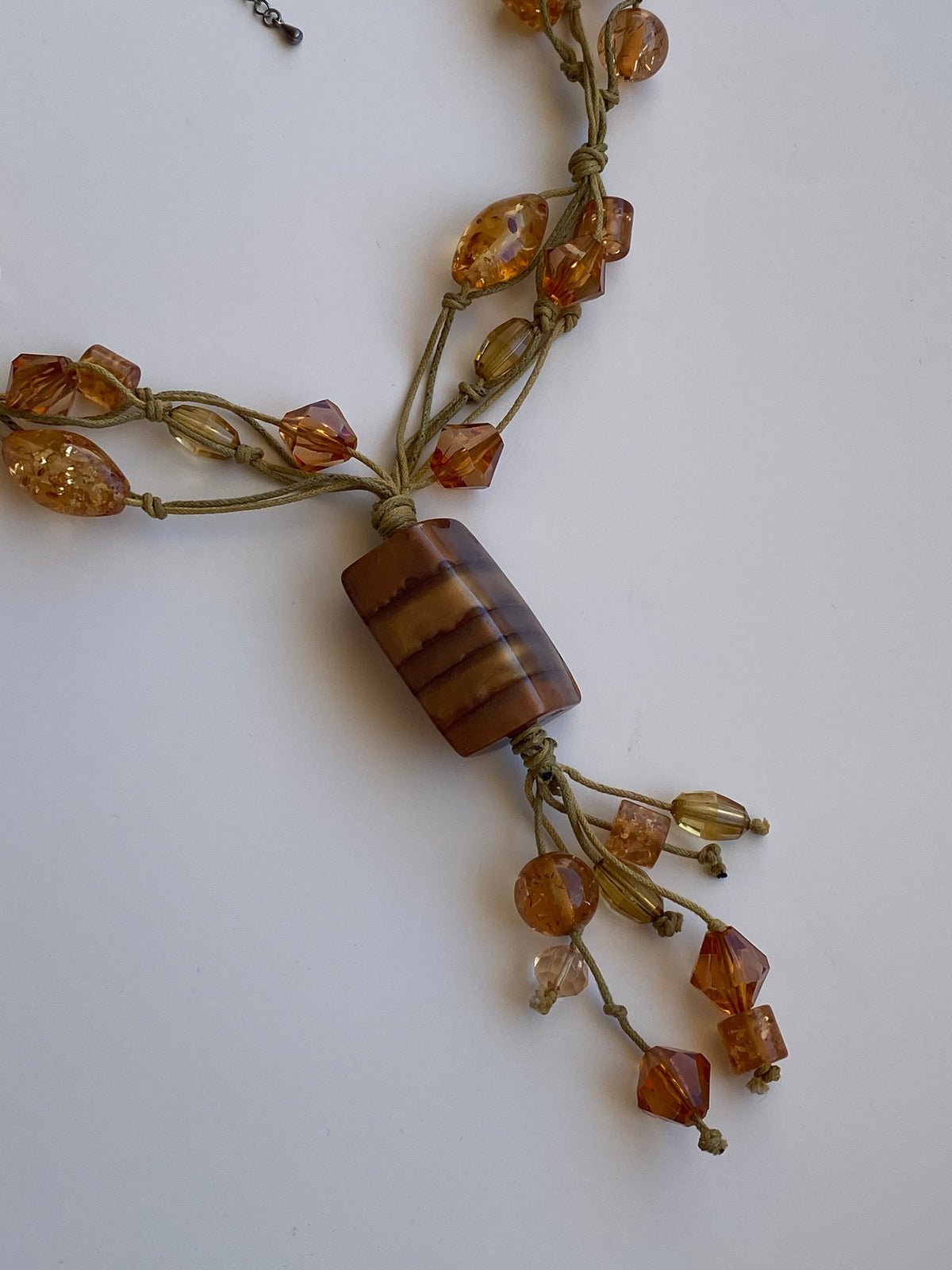 Vintage Y2K Amber Brown Beaded Multi-Strand Cord Pendant Tassel Necklace