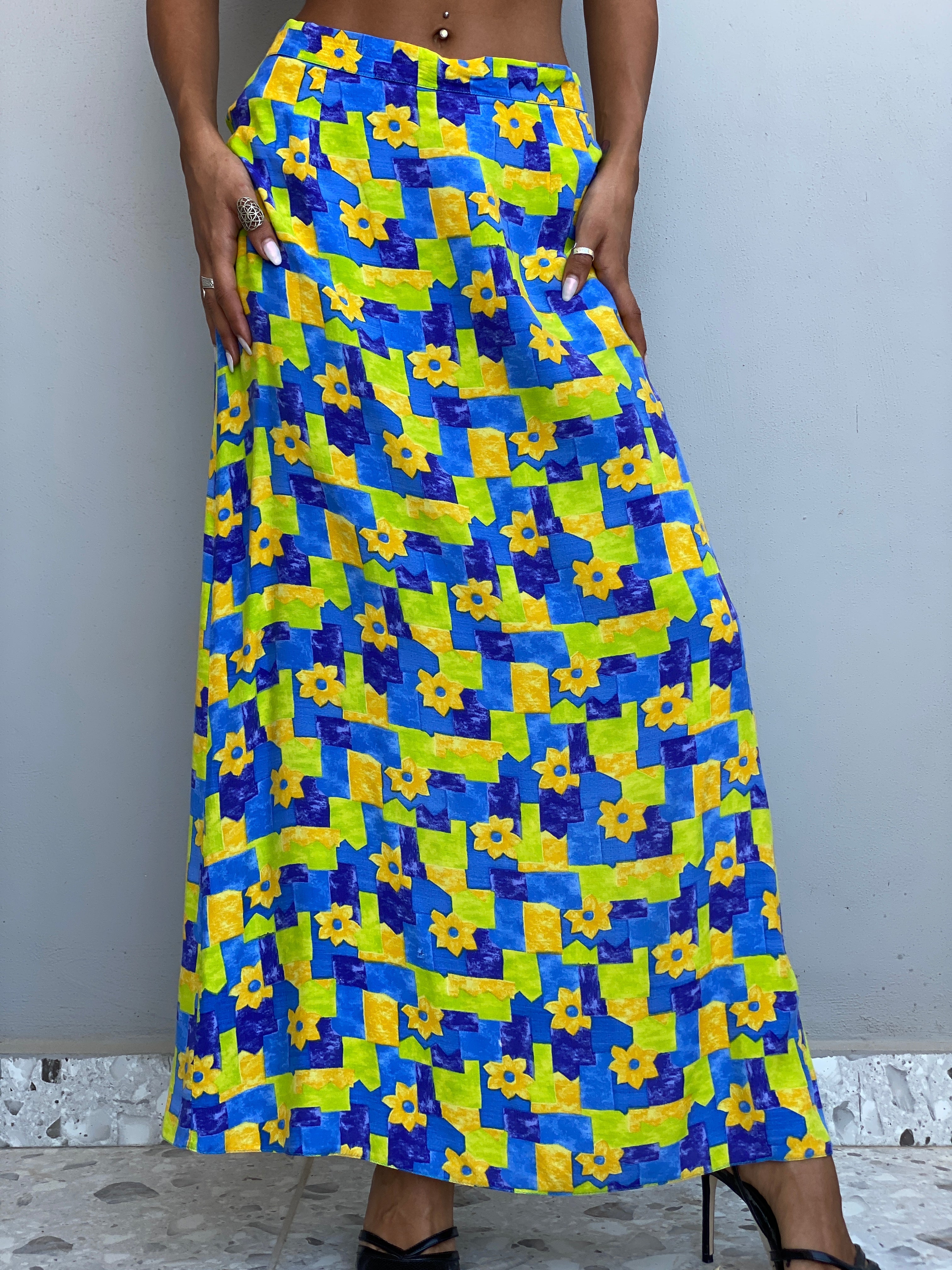 Vintage 90s Turkuaz Multicolor Geometric Floral A-Line Maxi Skirt - S