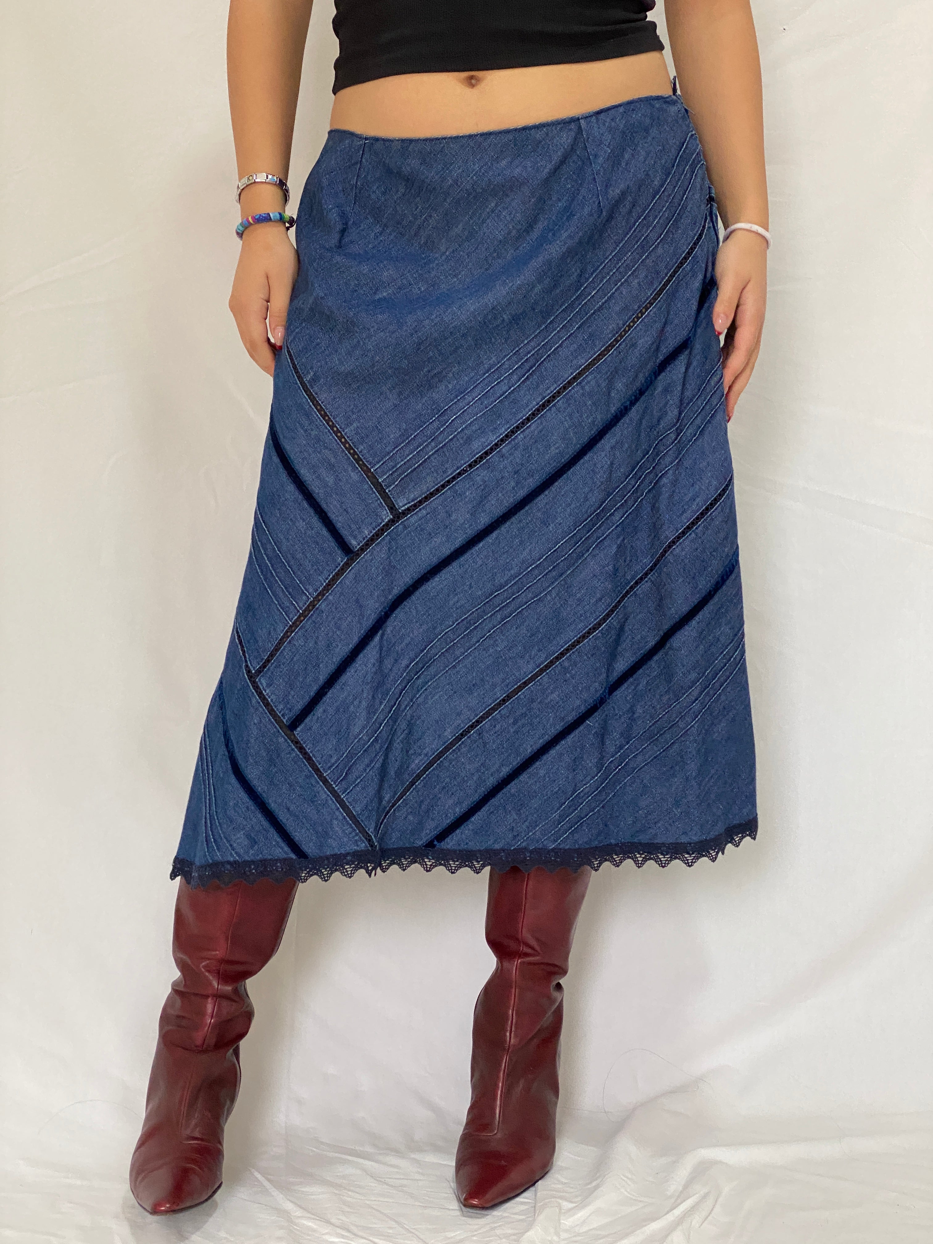 Handmade Patchwork Denim Midi Skirt Y2K Asymmetric Panel Skirt with Lace Trim - XL