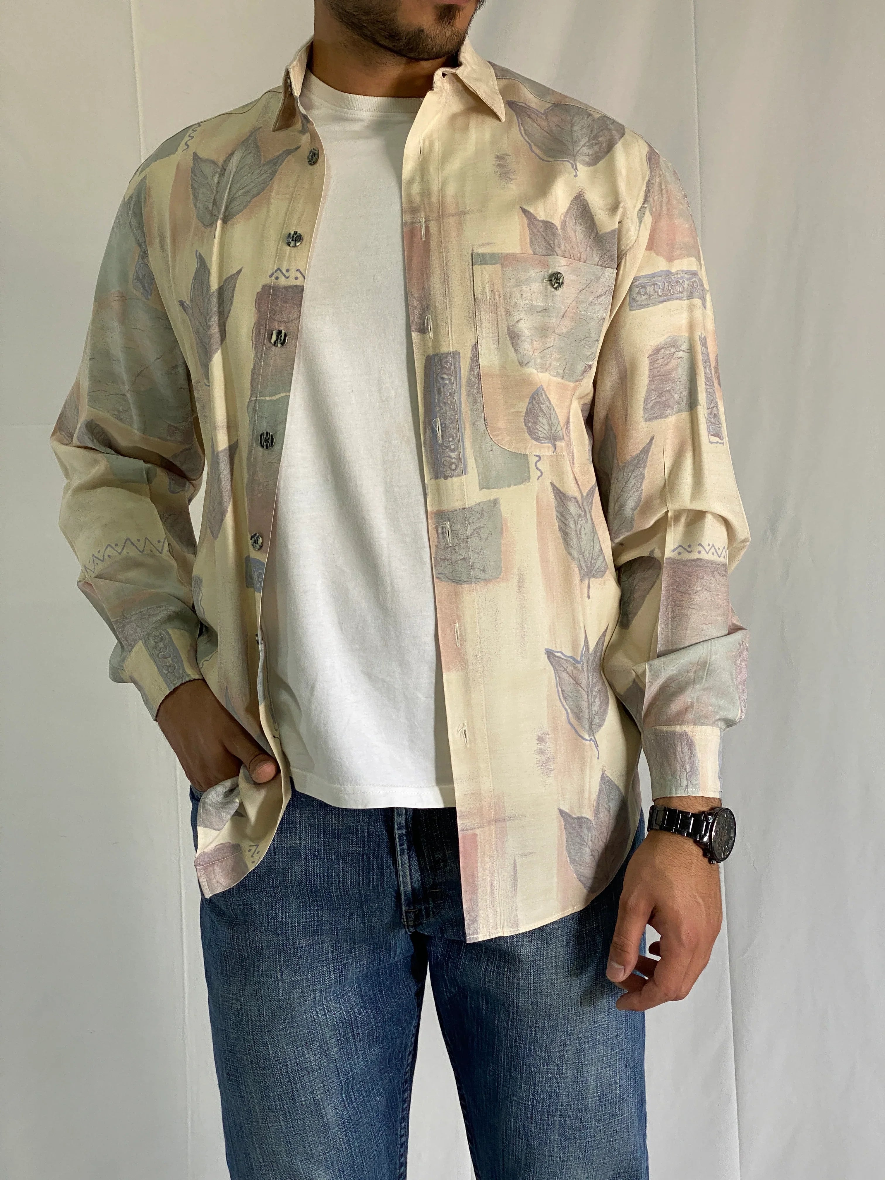 Vintage 90s Club D’Amingo Beige Abstract Leaf Print Men’s Long Sleeve Shirt - L