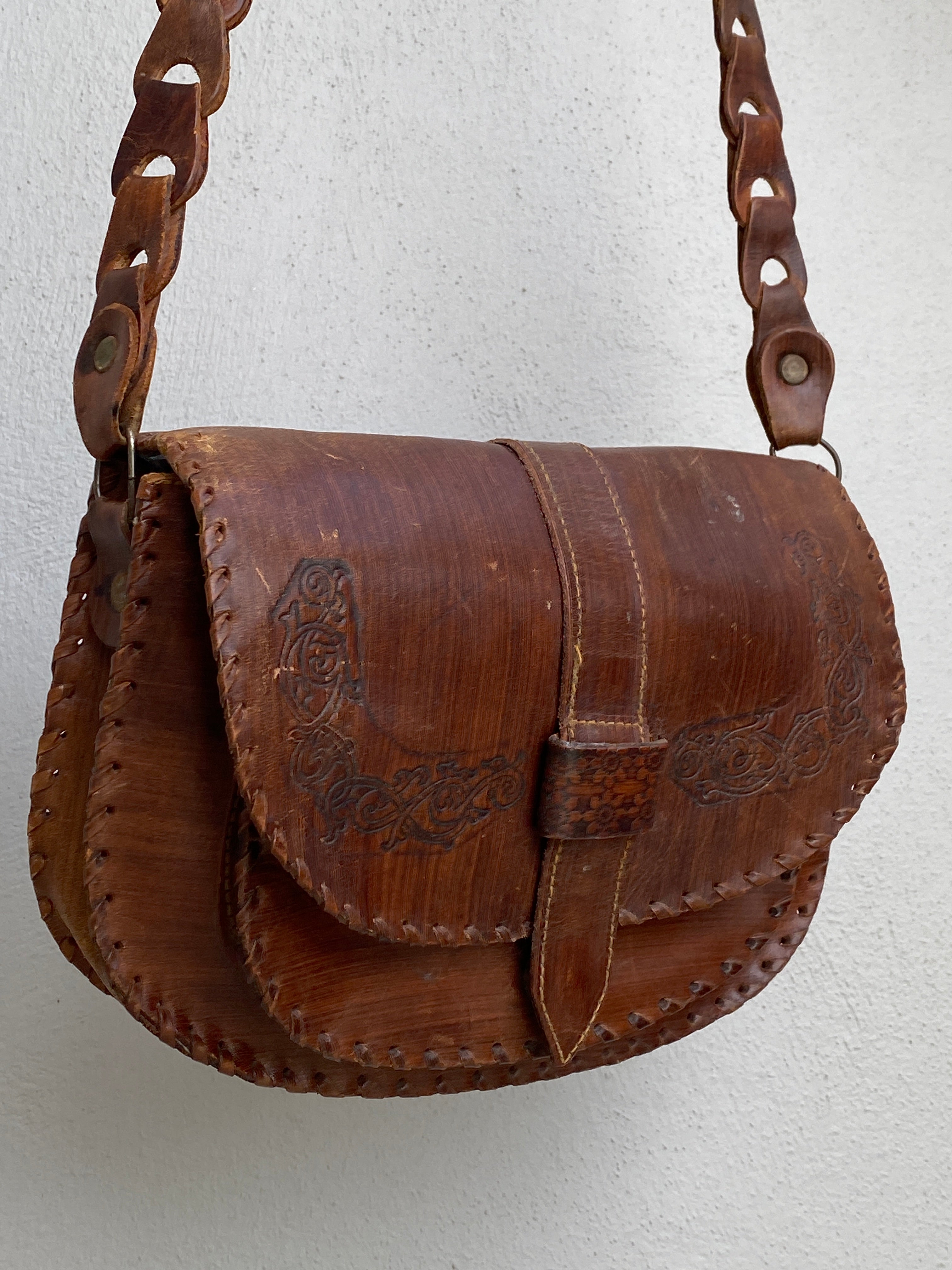 Vintage Boho Brown Hand-Tooled Leather Crossbody Bag Embossed Saddle Bag