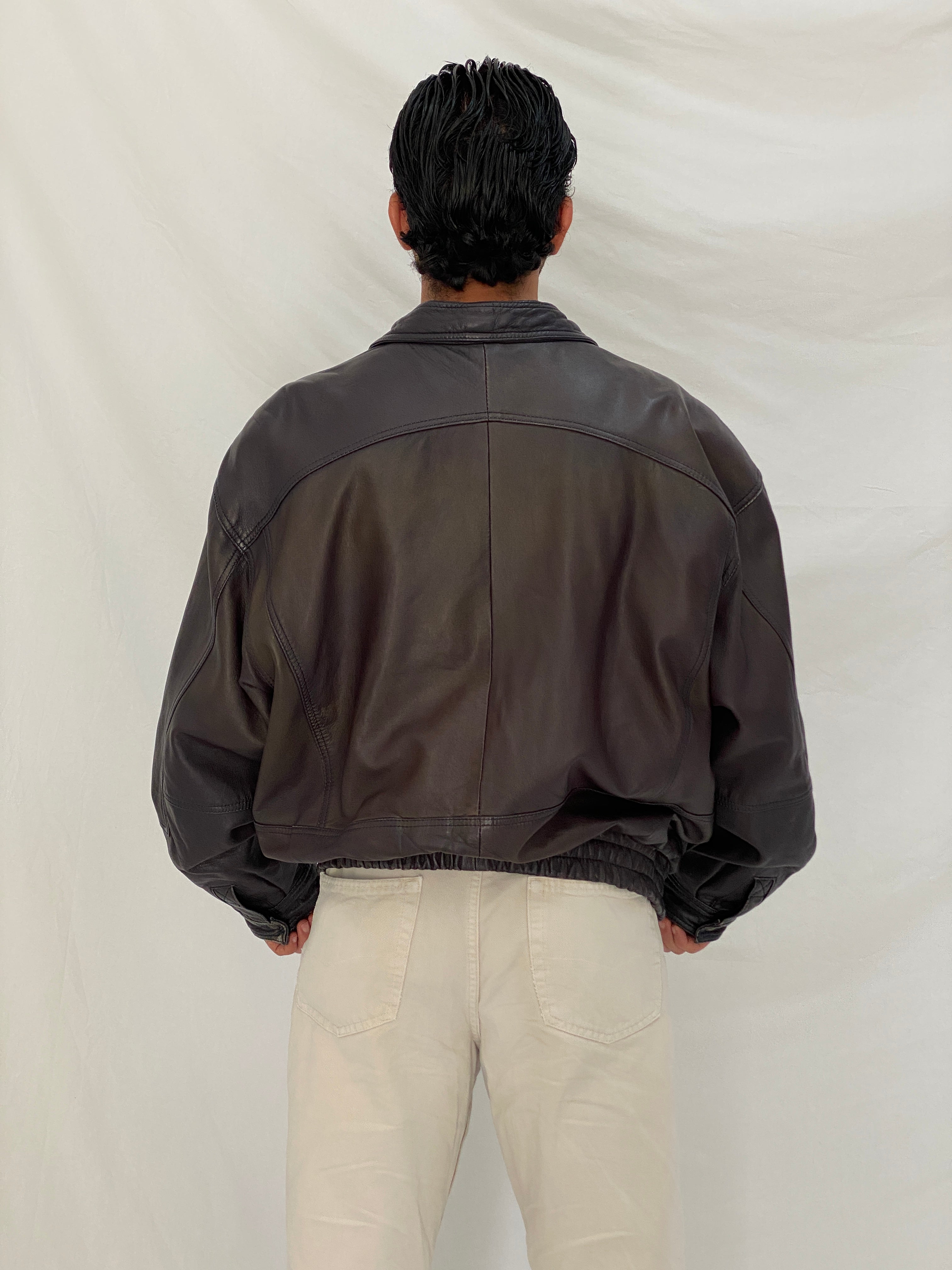 Vintage Oversized Genuine Leather Bomber Jacket in Dark Plum Brown – L