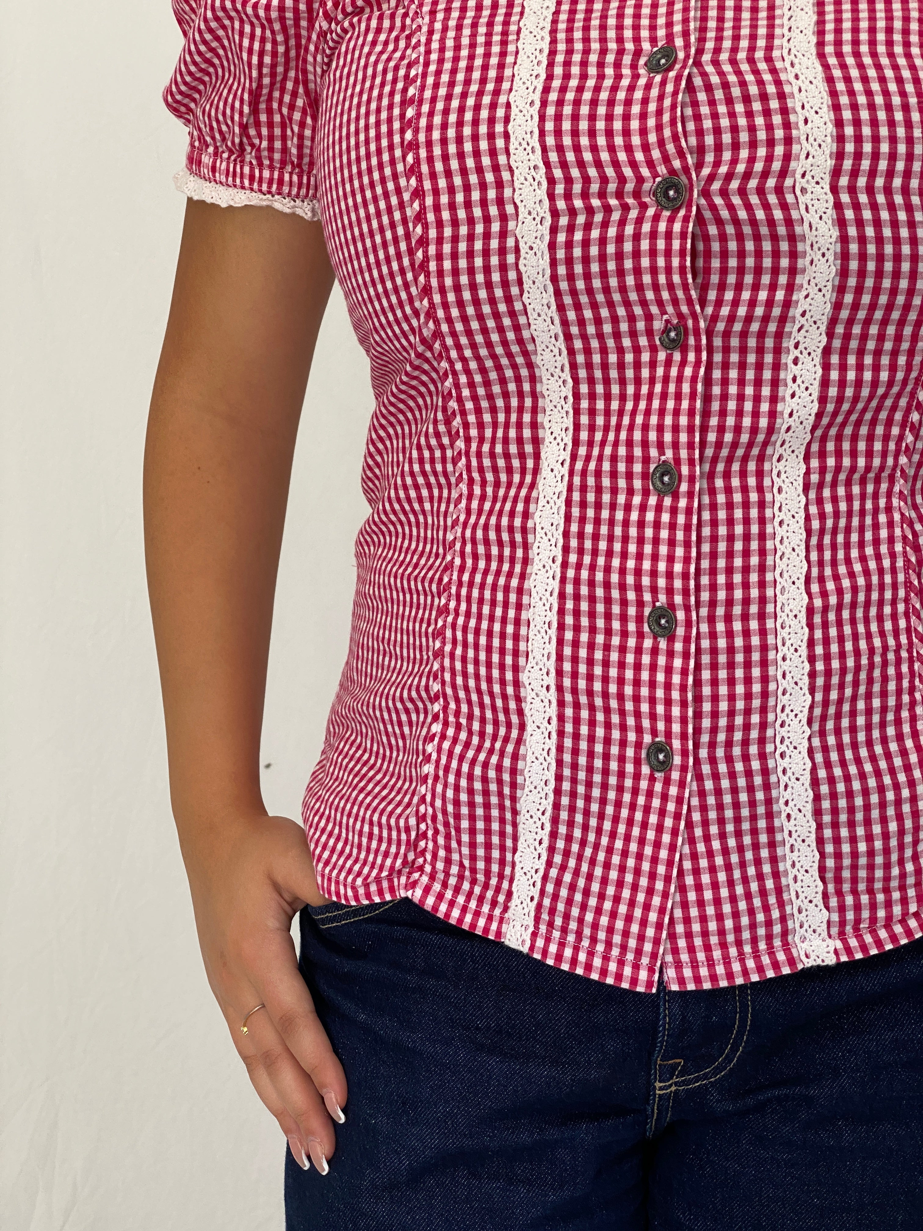 Vintage Y2K Gina Benotti Red & White Gingham Cold Shoulder Lace Trim Blouse - M
