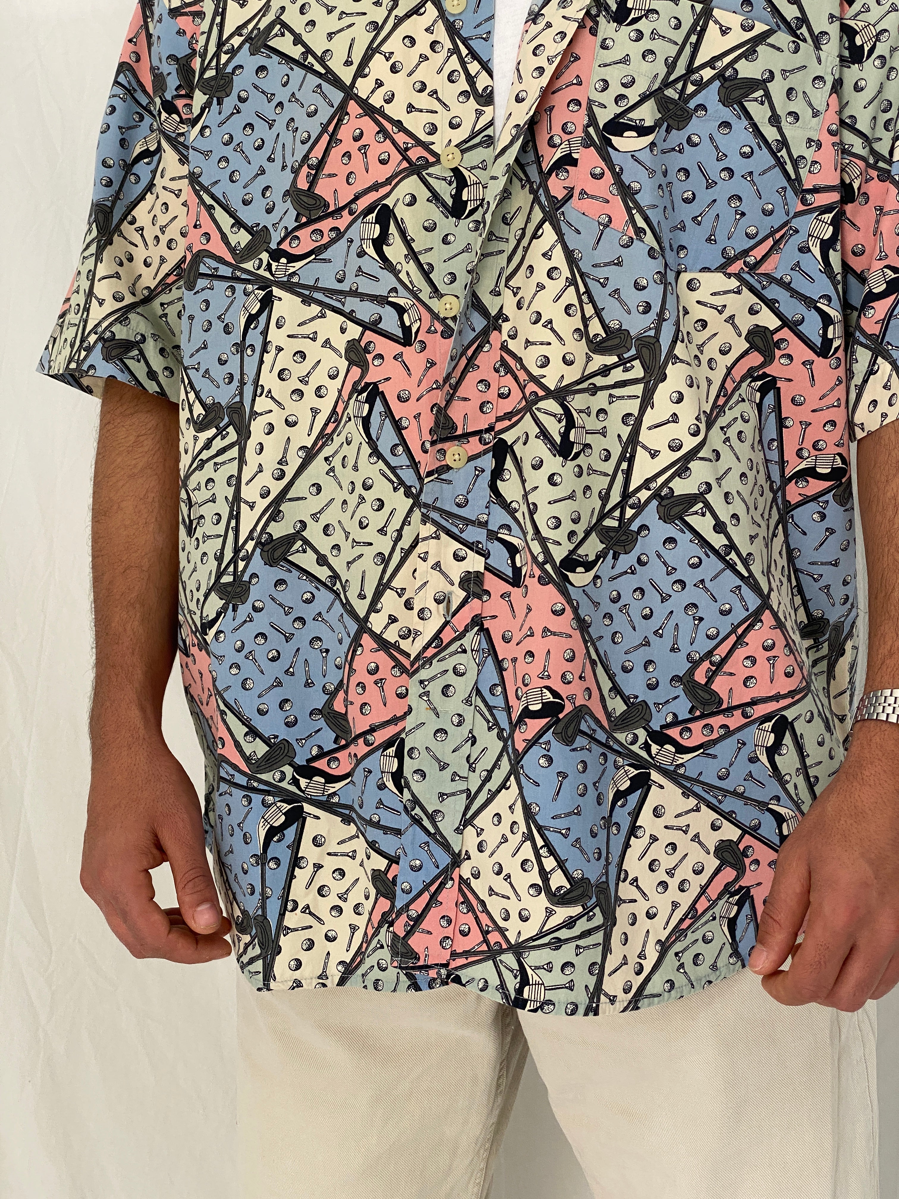 Vintage B.D. Baggies Pastel Golf Print Button Up Shirt Multicolor Abstract Sports Shirt - L