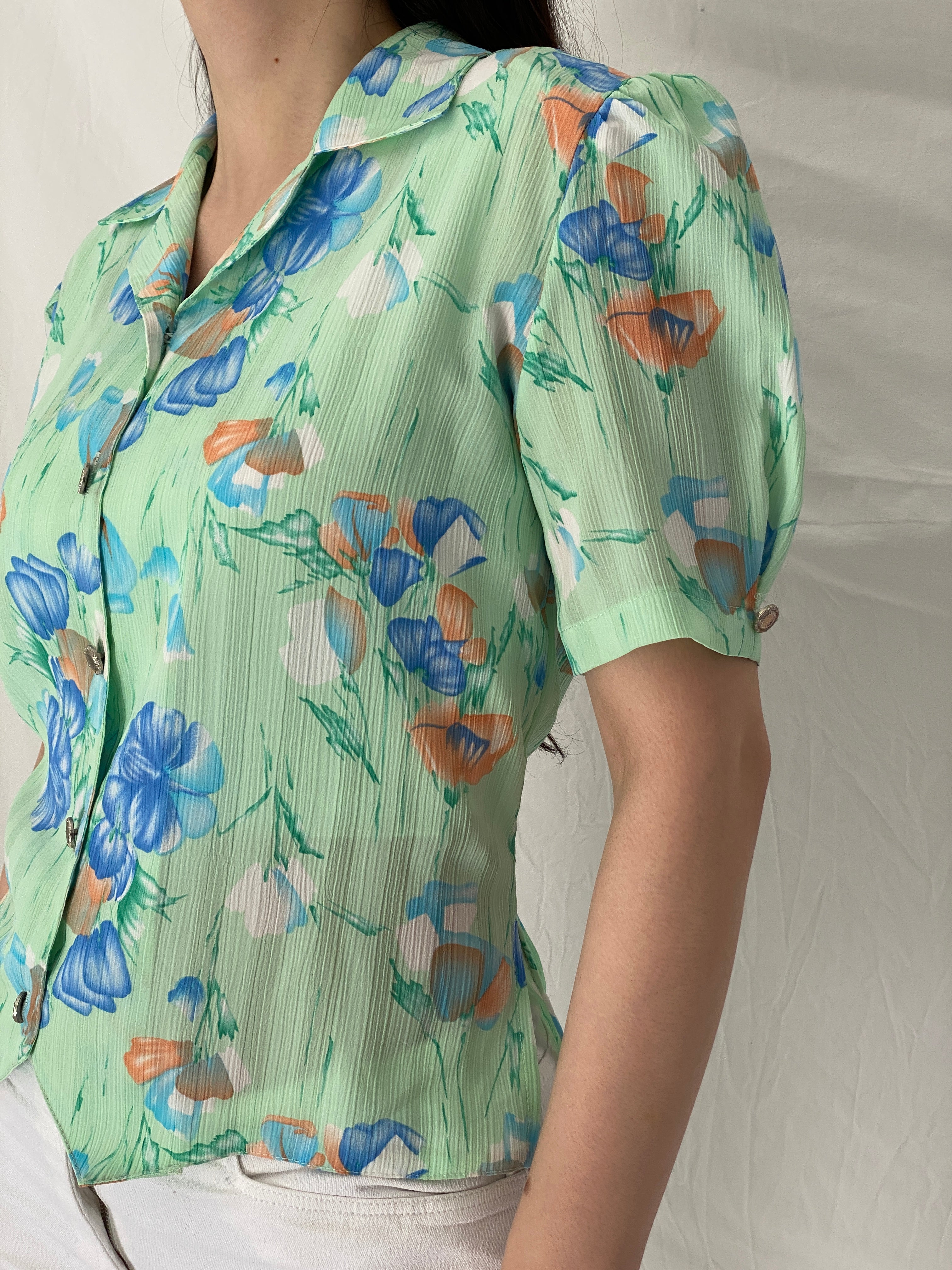 Vintage French Mint Floral Sheer Puff Sleeve Blouse Soft Girl Top – S