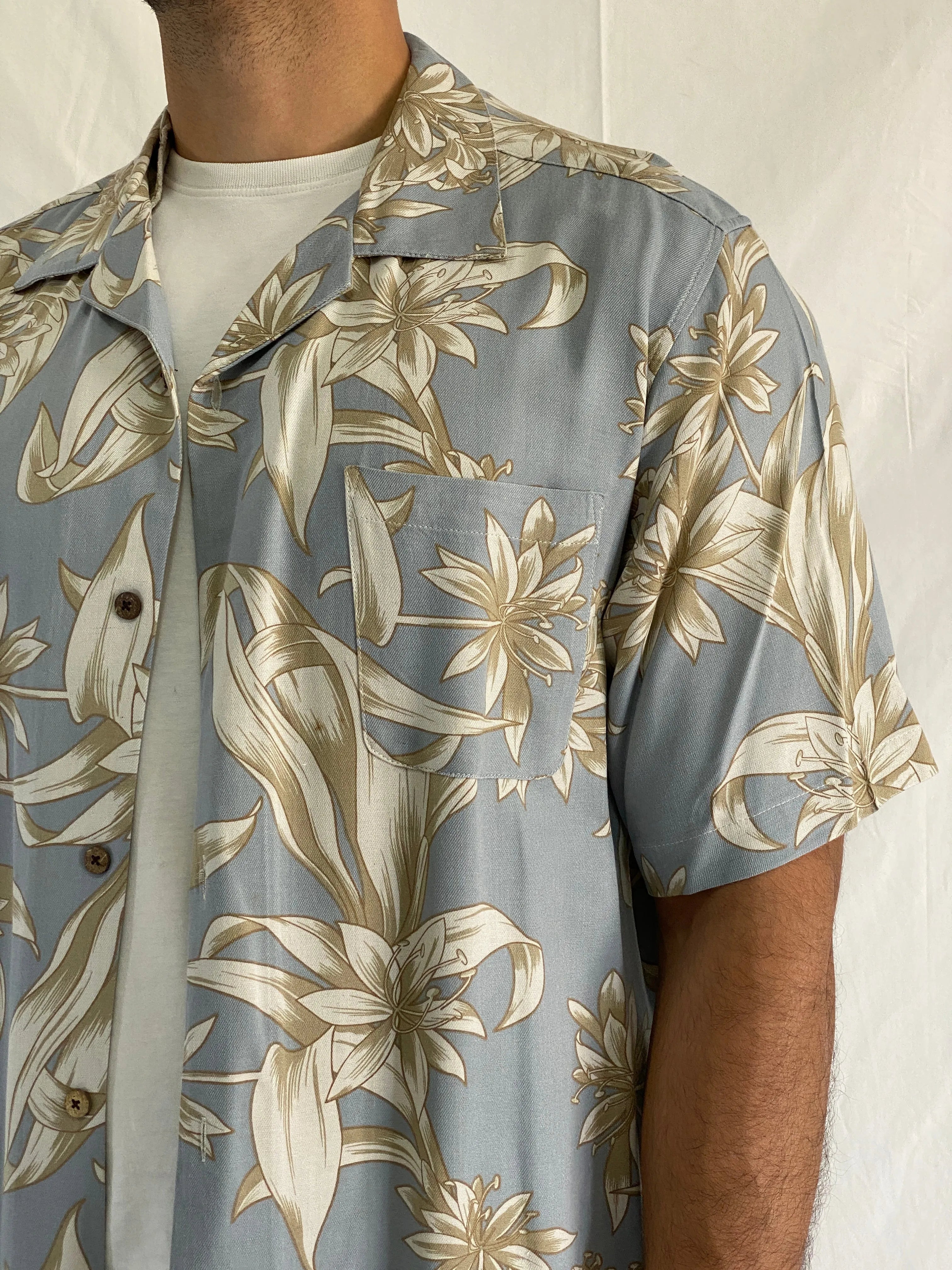 Vintage Island Republic Silk Blend Hawaiian Blue & Beige Floral Men’s Short Sleeve Aloha Shirt - 2XL