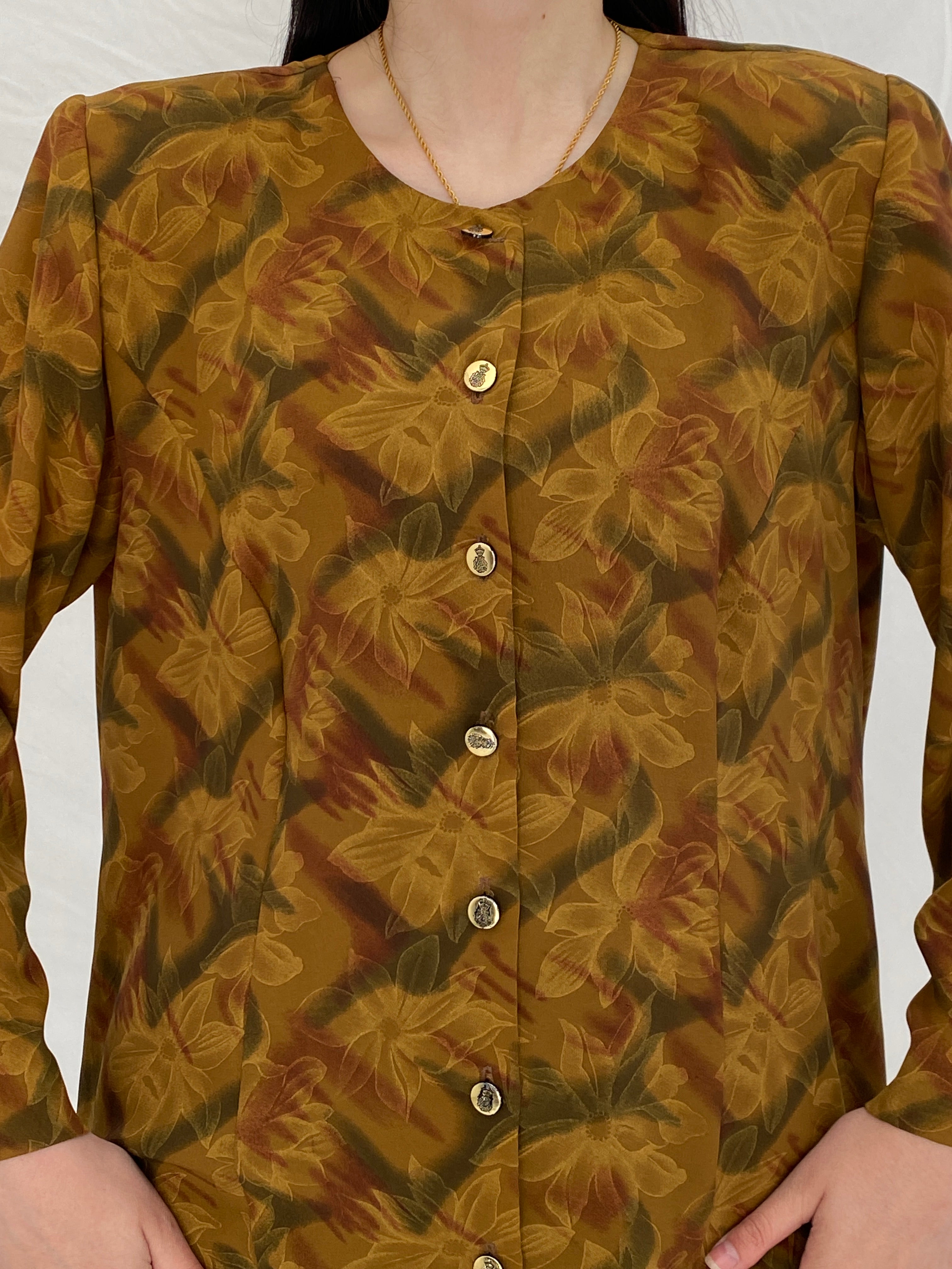 Vintage Handmade Floral Autumn Blouse Brown Mustard Button Front Long Sleeve Shirt - M