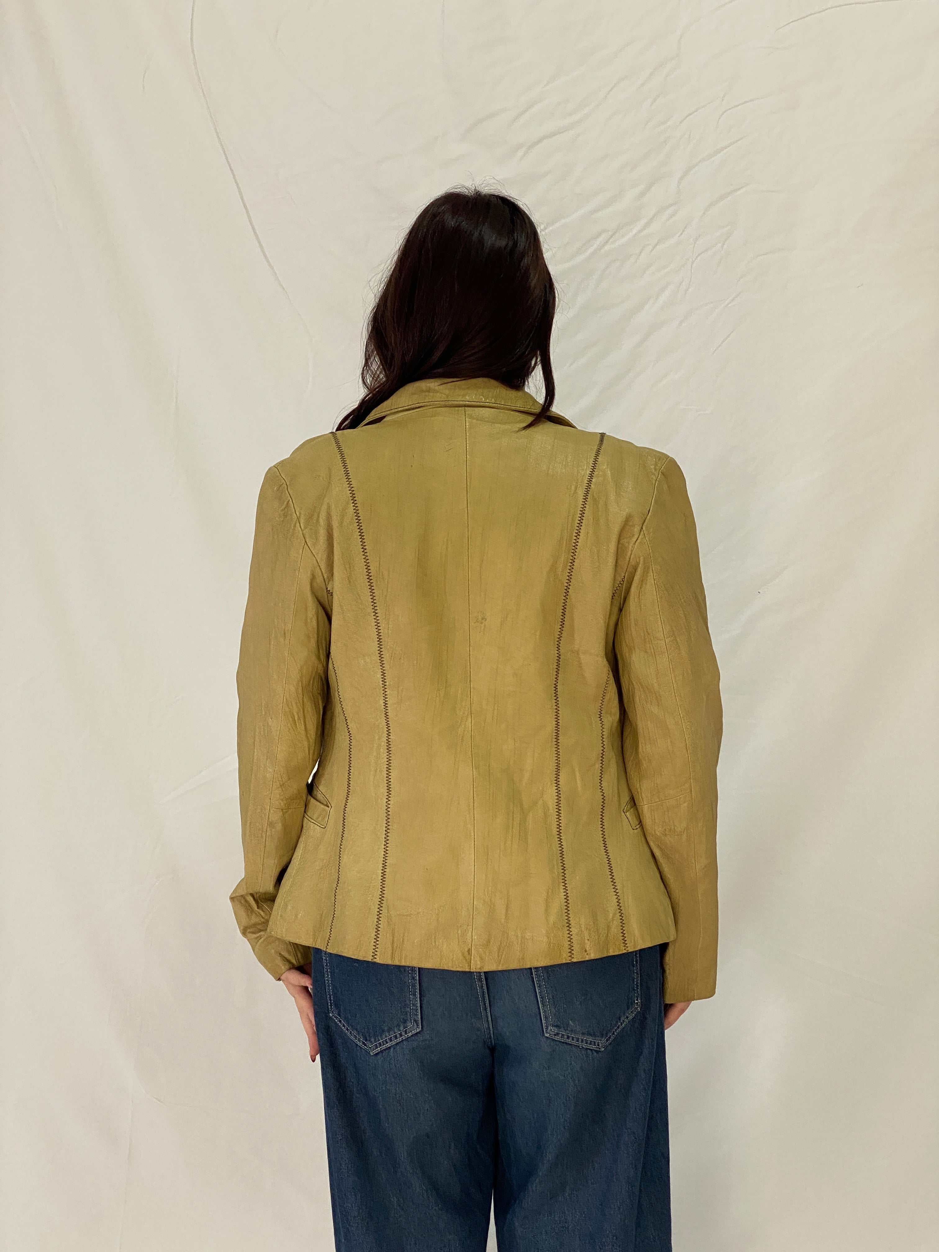 Vintage Attr@ttivo Tan Genuine Leather Blazer with Contrast Stitching Tailored Jacket – M