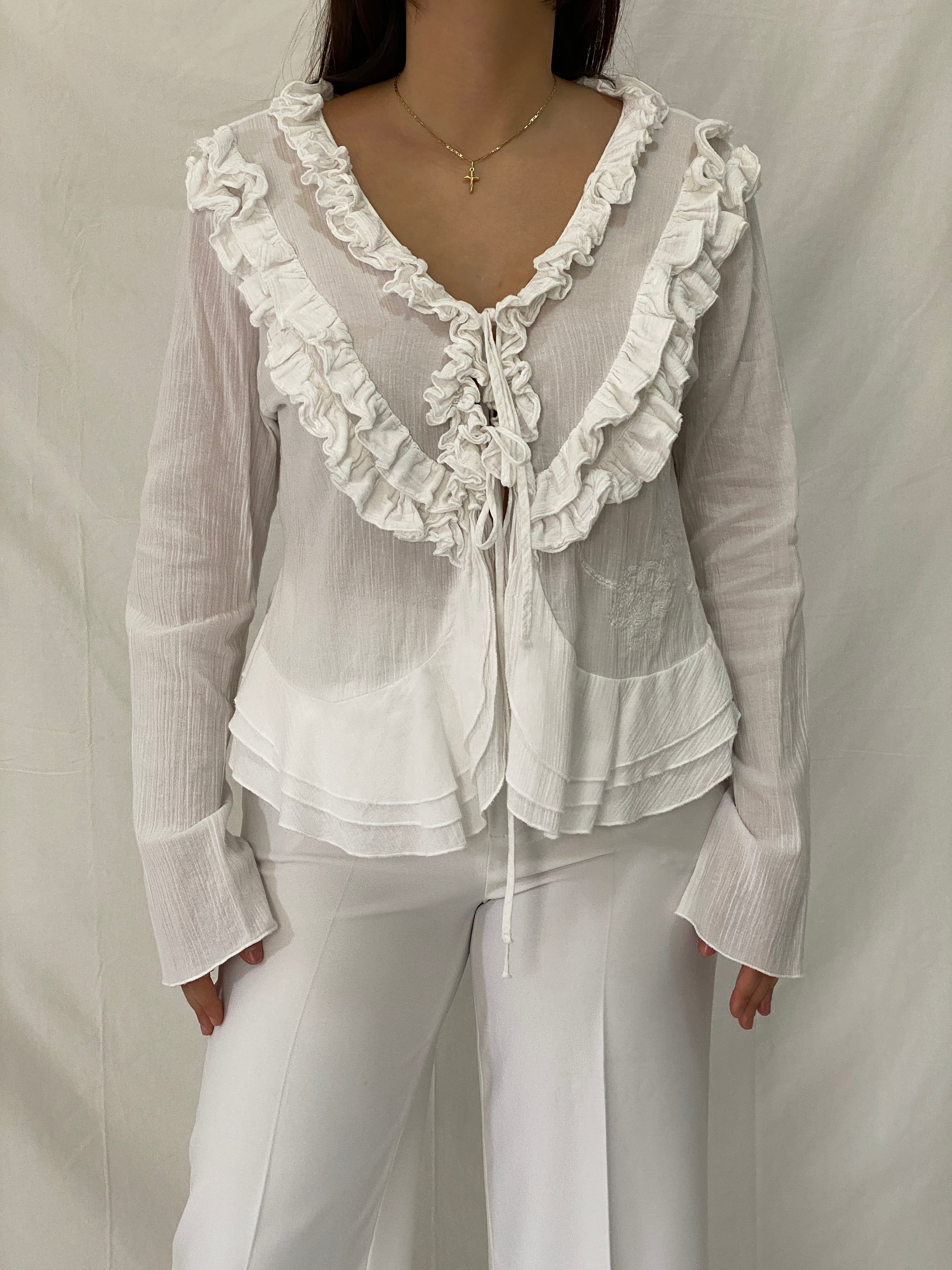 Vintage Y2K White Ruffled Sheer Cardigan Tie Front Romantic Fairy Grunge Blouse - L