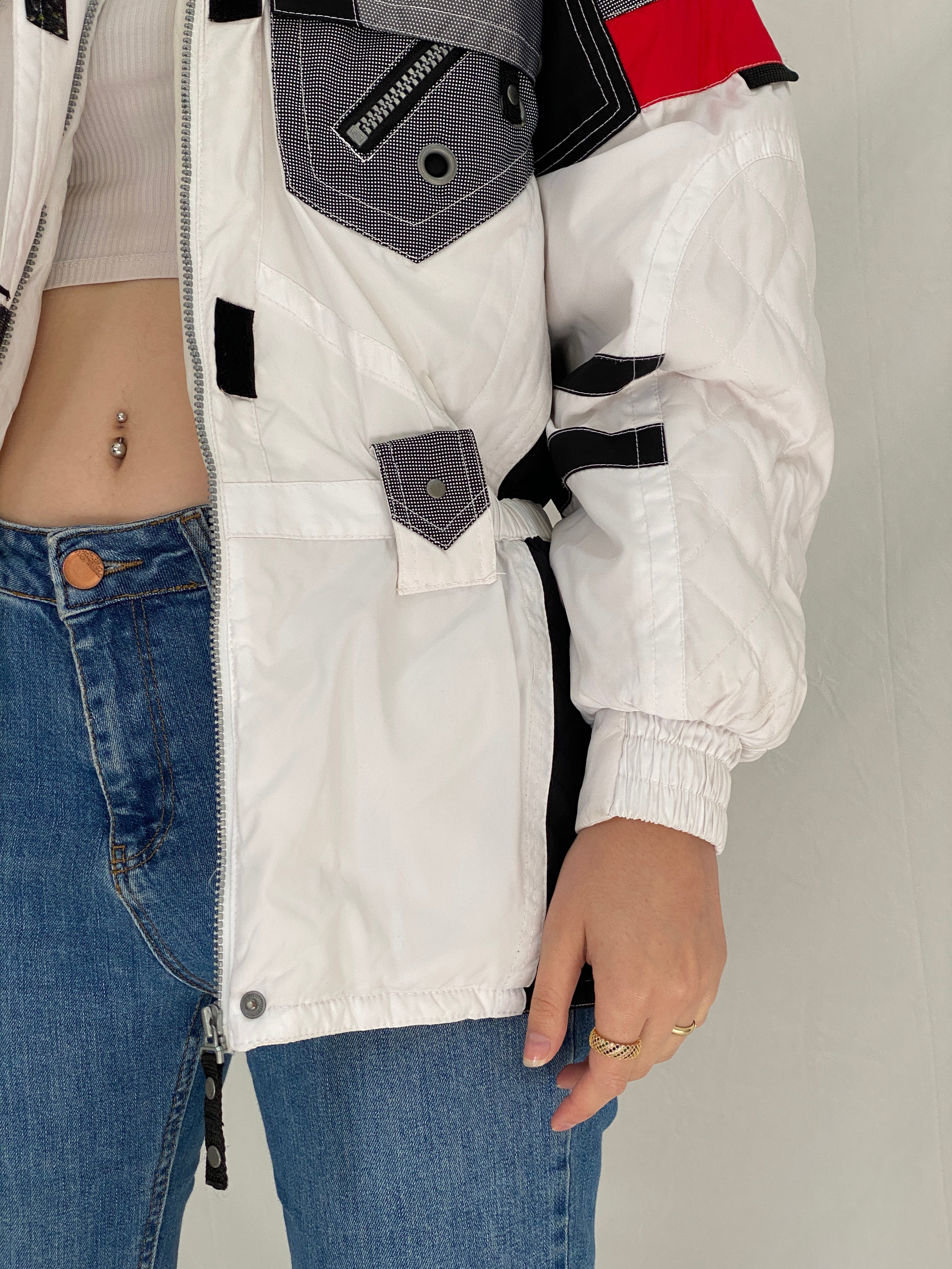Vintage 90s Rodeo Colorblock Ski Jacket Retro White Black Red Windbreaker - S