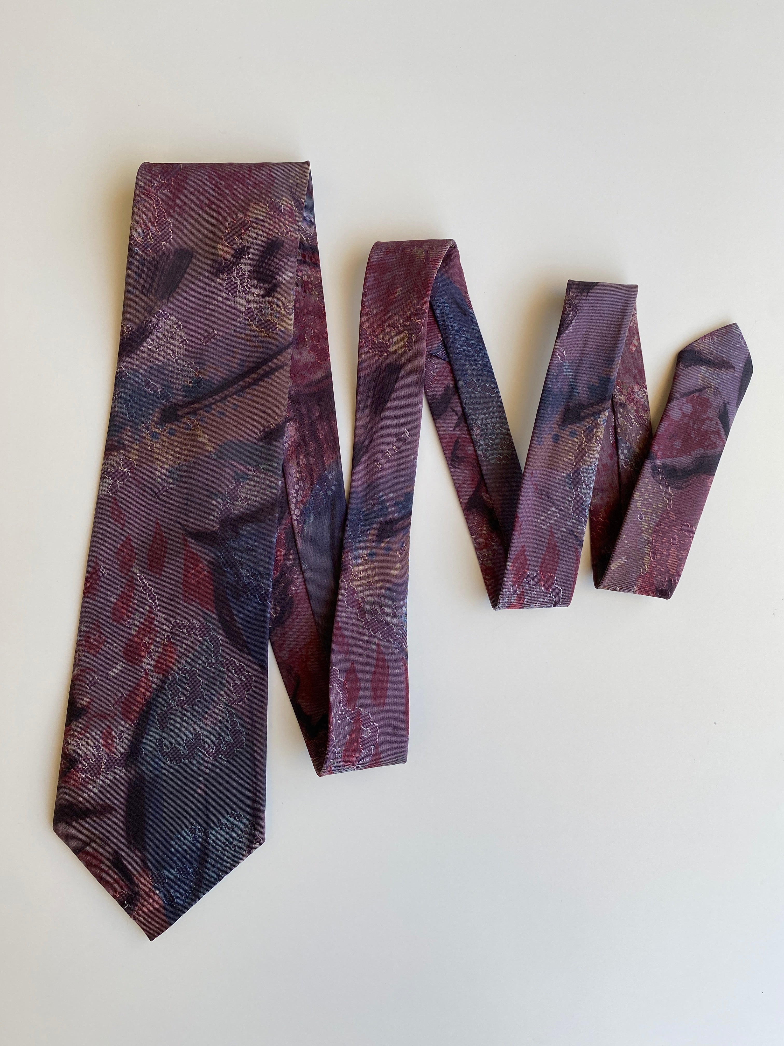 Vintage 1990s Purple Burgundy Tie Abstract Floral Polyester Necktie