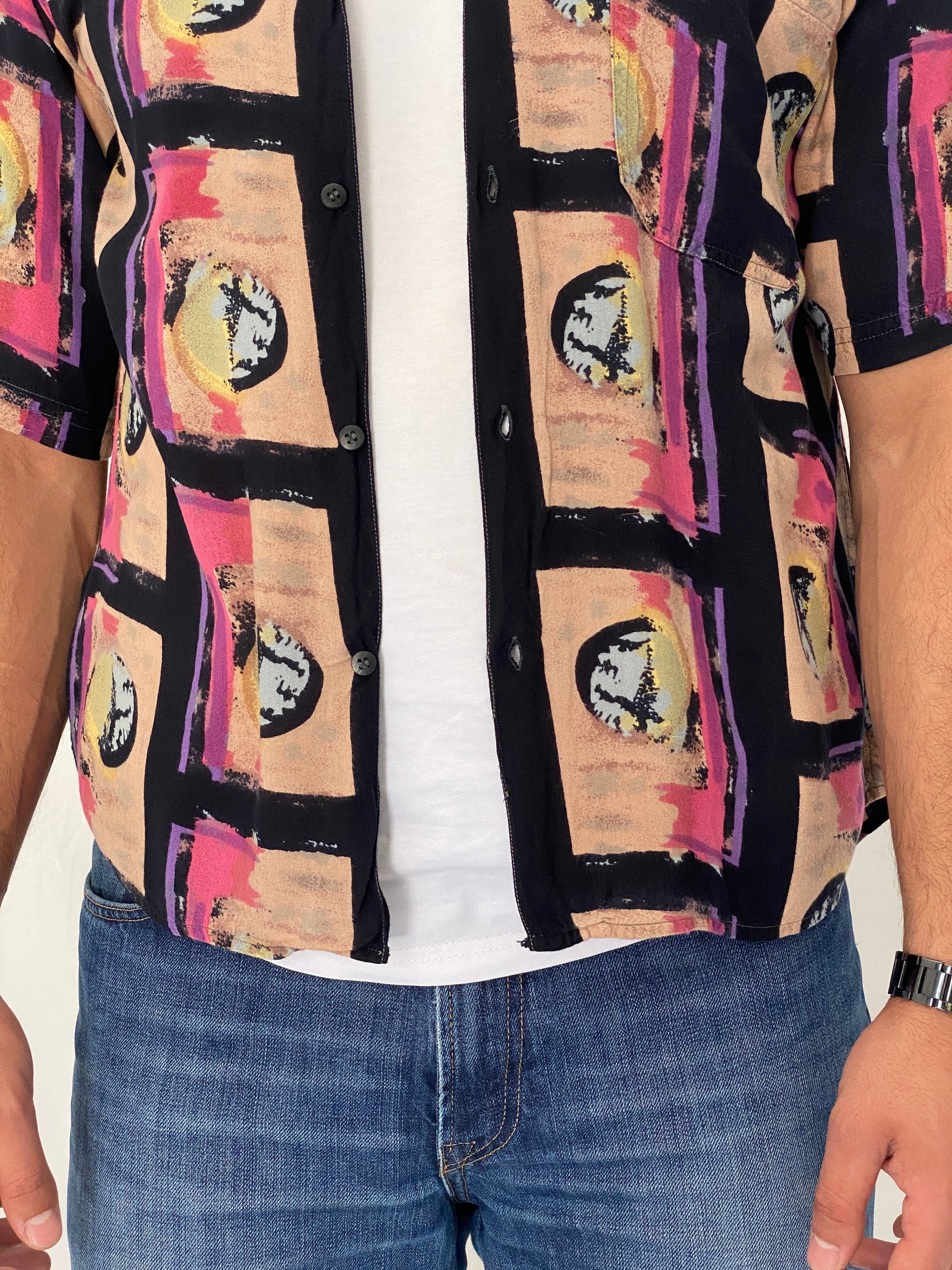 Vintage 90s Tribes Abstract Geometric Rayon Button-Up Shirt - M