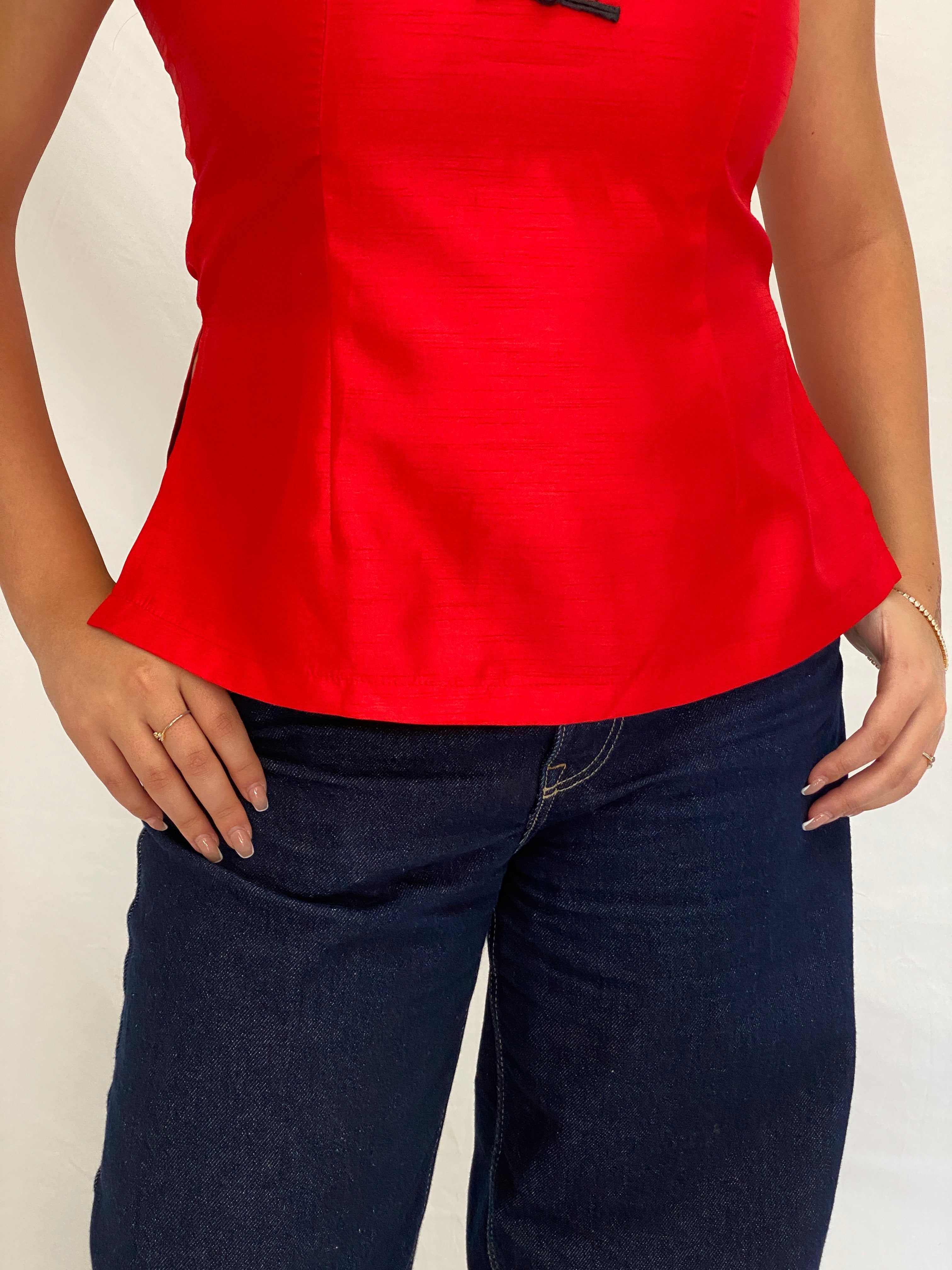 Vintage Handmade Japanese-Inspired Red Shantung Sleeveless Top – L
