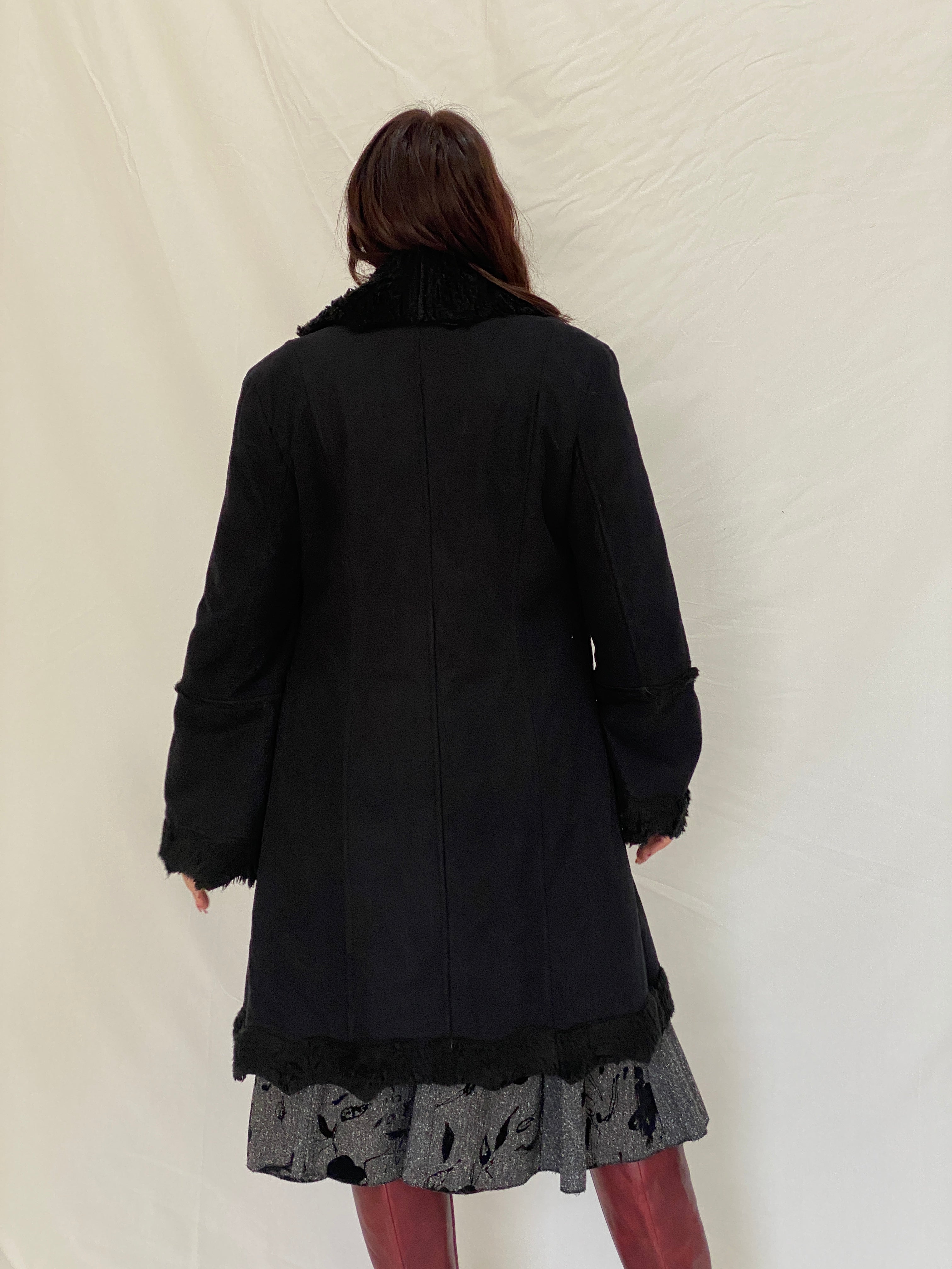 Vintage De Blue Black Penny Lane Faux Fur Lined Long Coat Toggle Closure Jacket - M