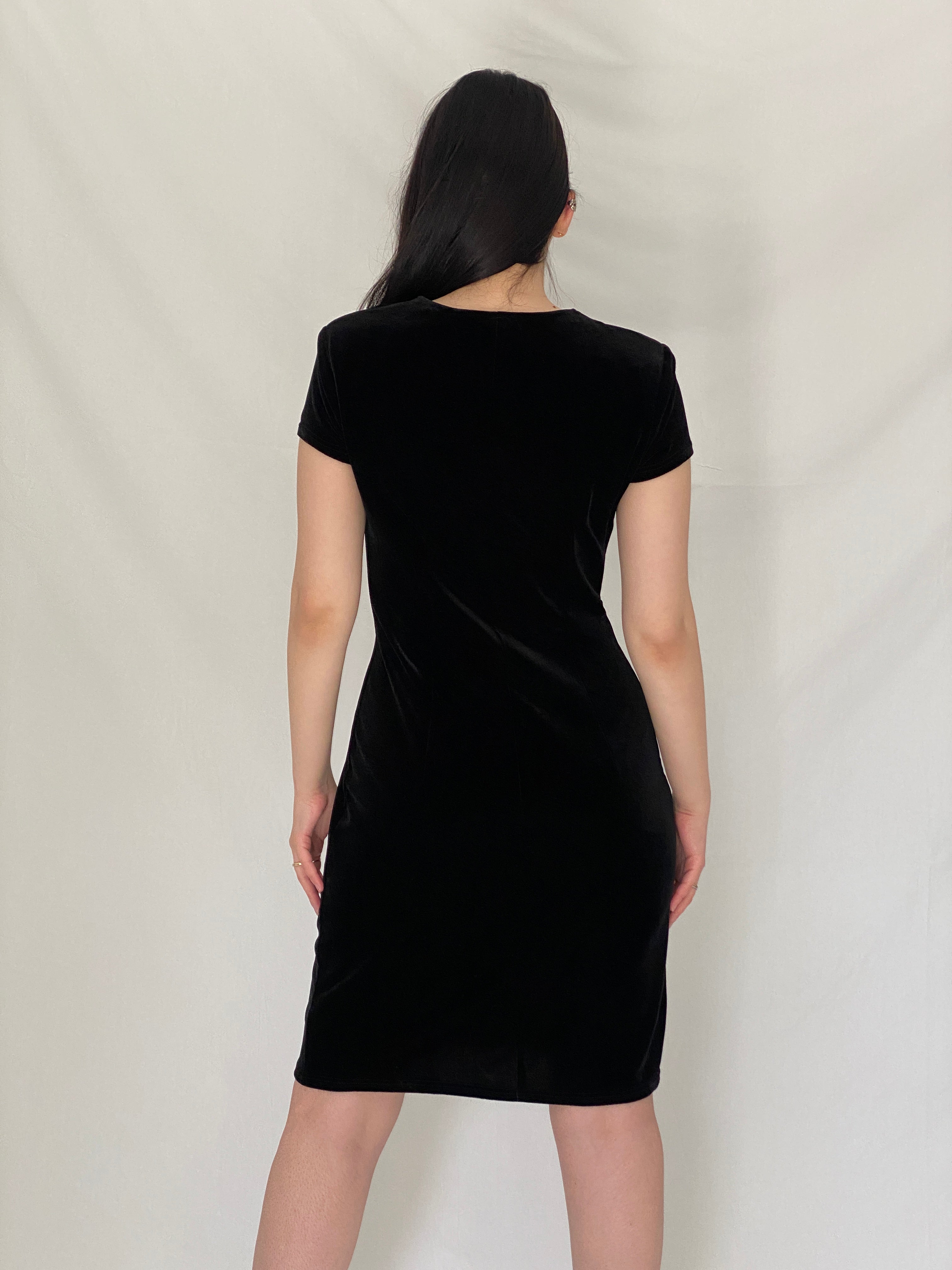 Vintage Amanda Lane Black Velvet Ruched 90s Minimal Evening Mini Dress – S