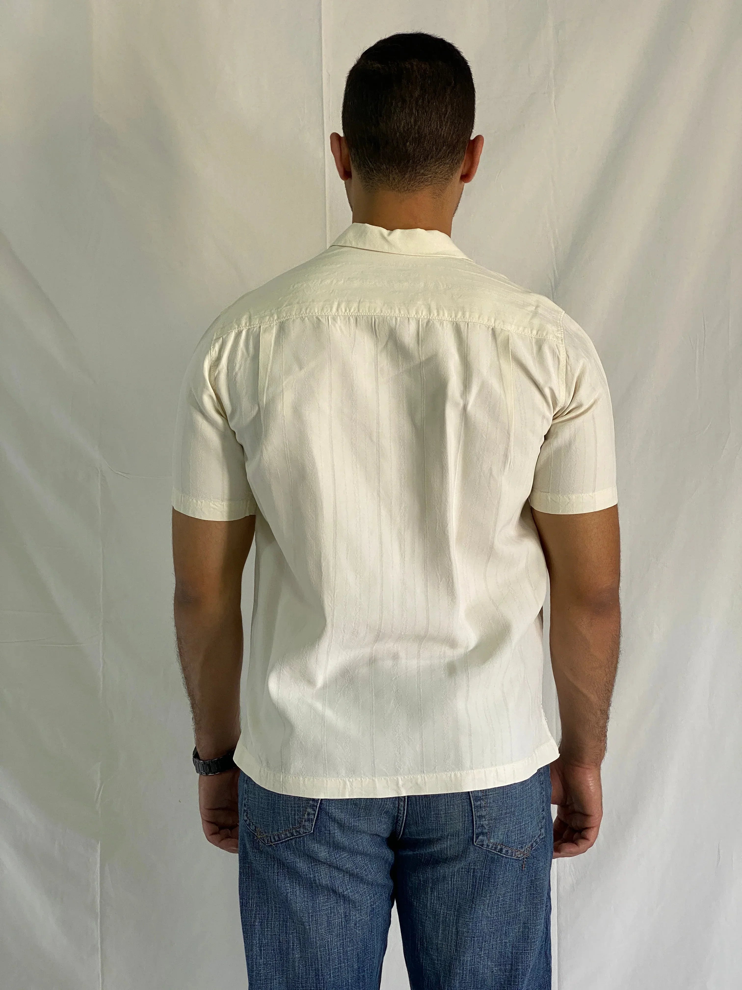 Vintage Tommy Bahama 100% Silk Cream Short Sleeve Jacquard Palm Print Shirt - M