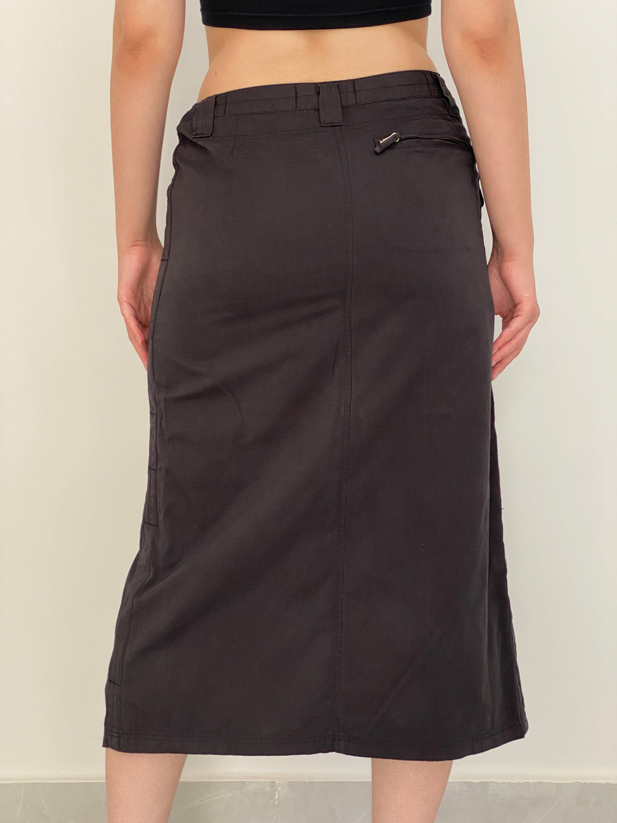 Vintage Y2K Gin Tonic Charcoal Grey Cotton-Blend Utility Zip-Front Midi Skirt - 40EUR