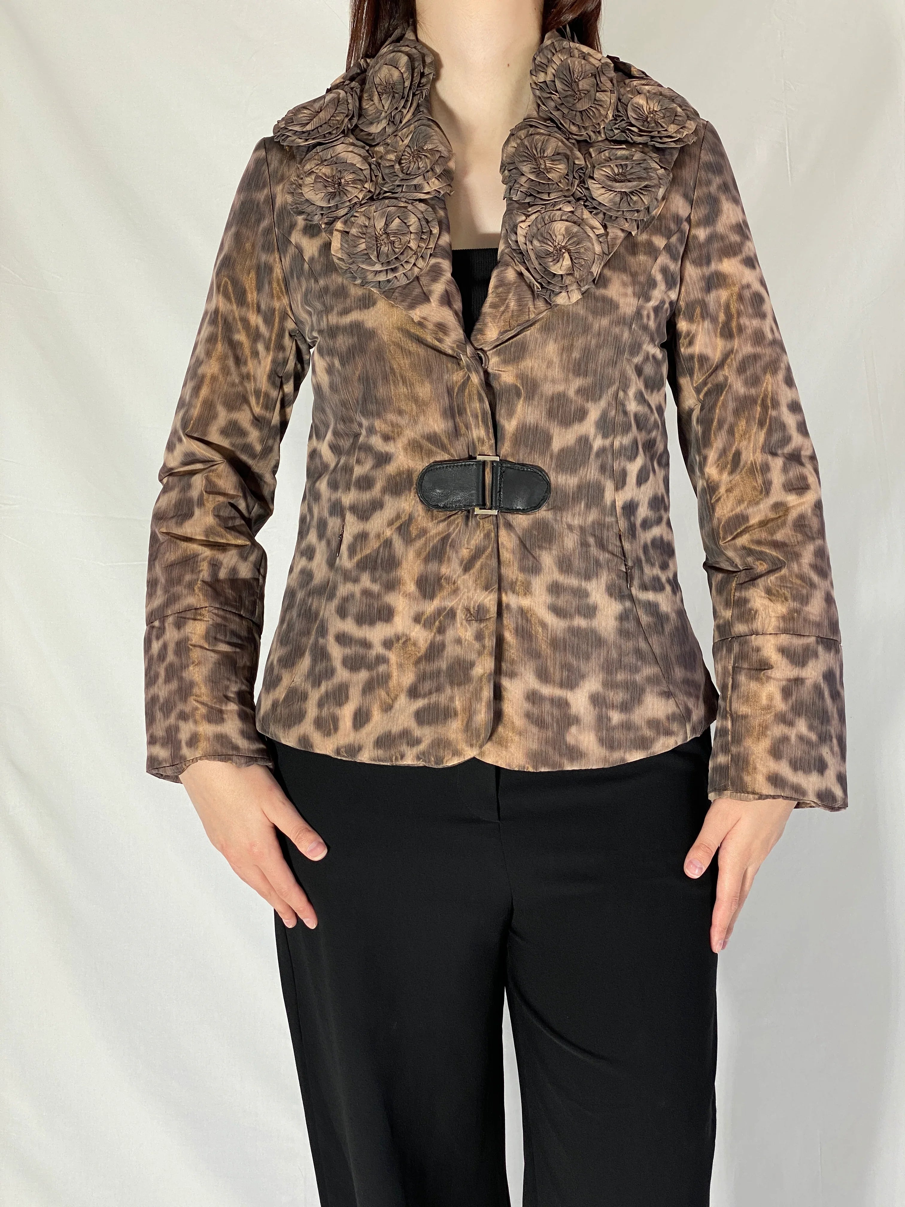 Boko Collection Brown Leopard Print Light Jacket with Floral Collar Detail - M
