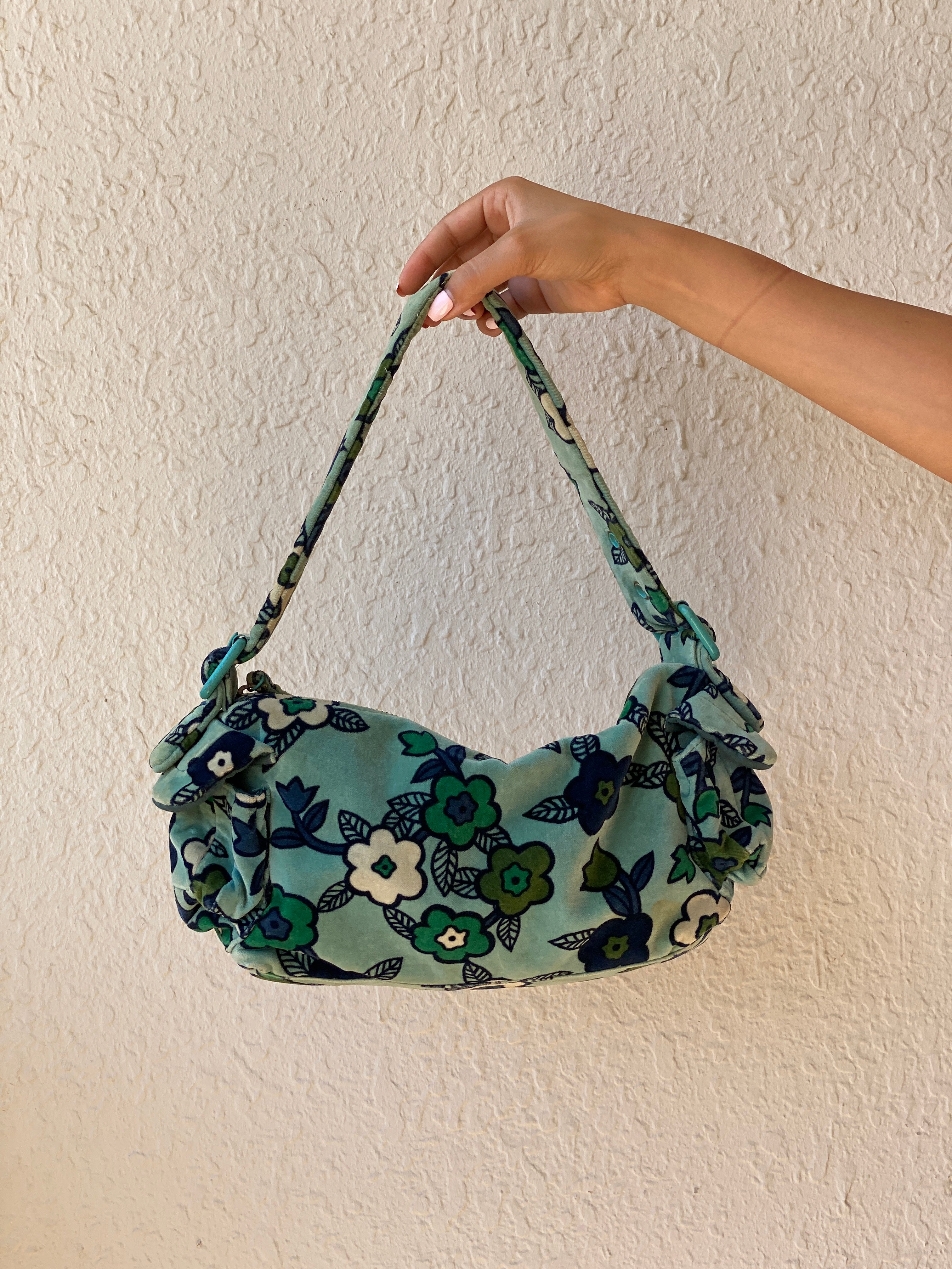 Vintage Y2K GAP Aqua Floral Velvet Shoulder Bag Soft Velour Baguette Purse