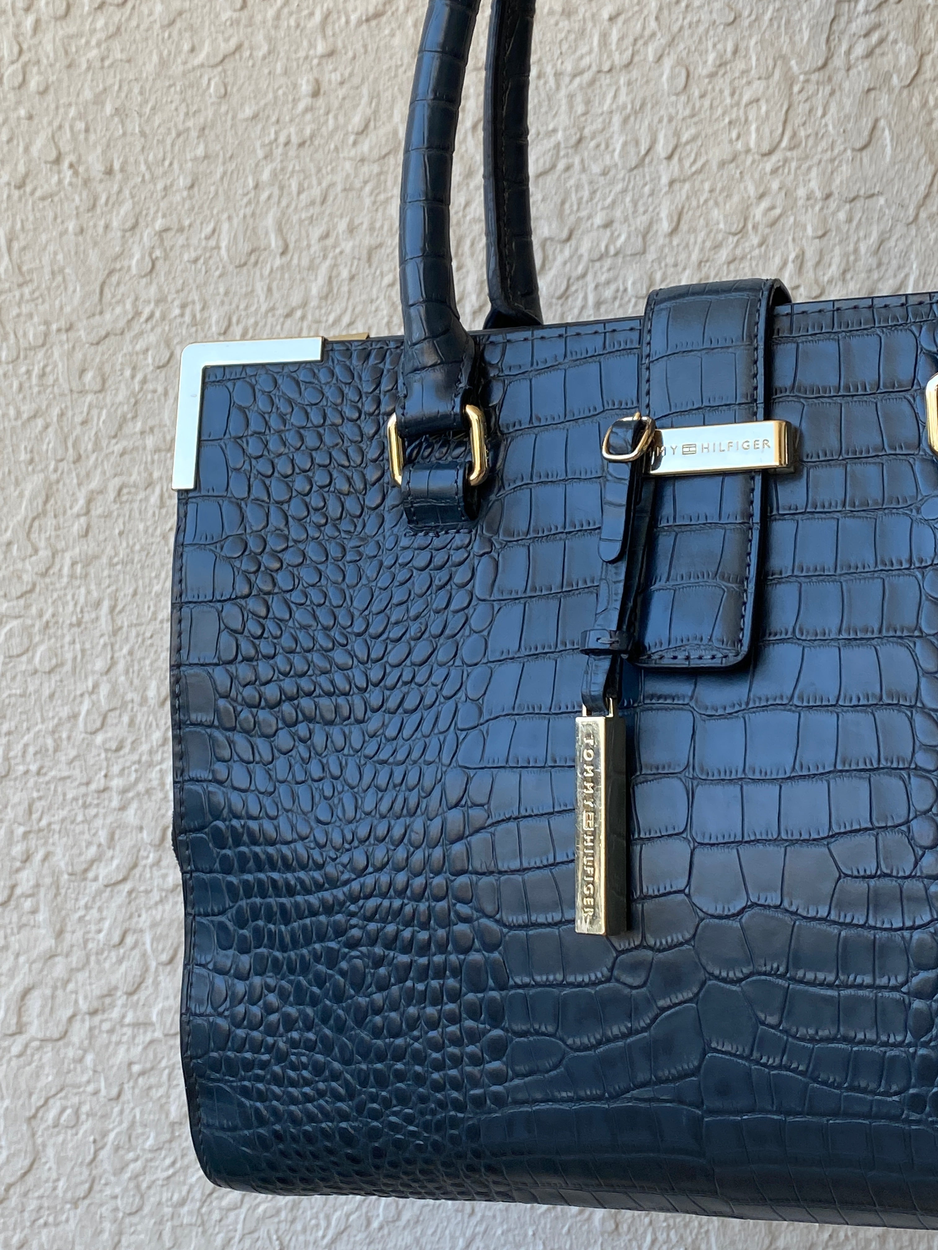 Tommy Hilfiger Navy Croc-Embossed Structured Tote