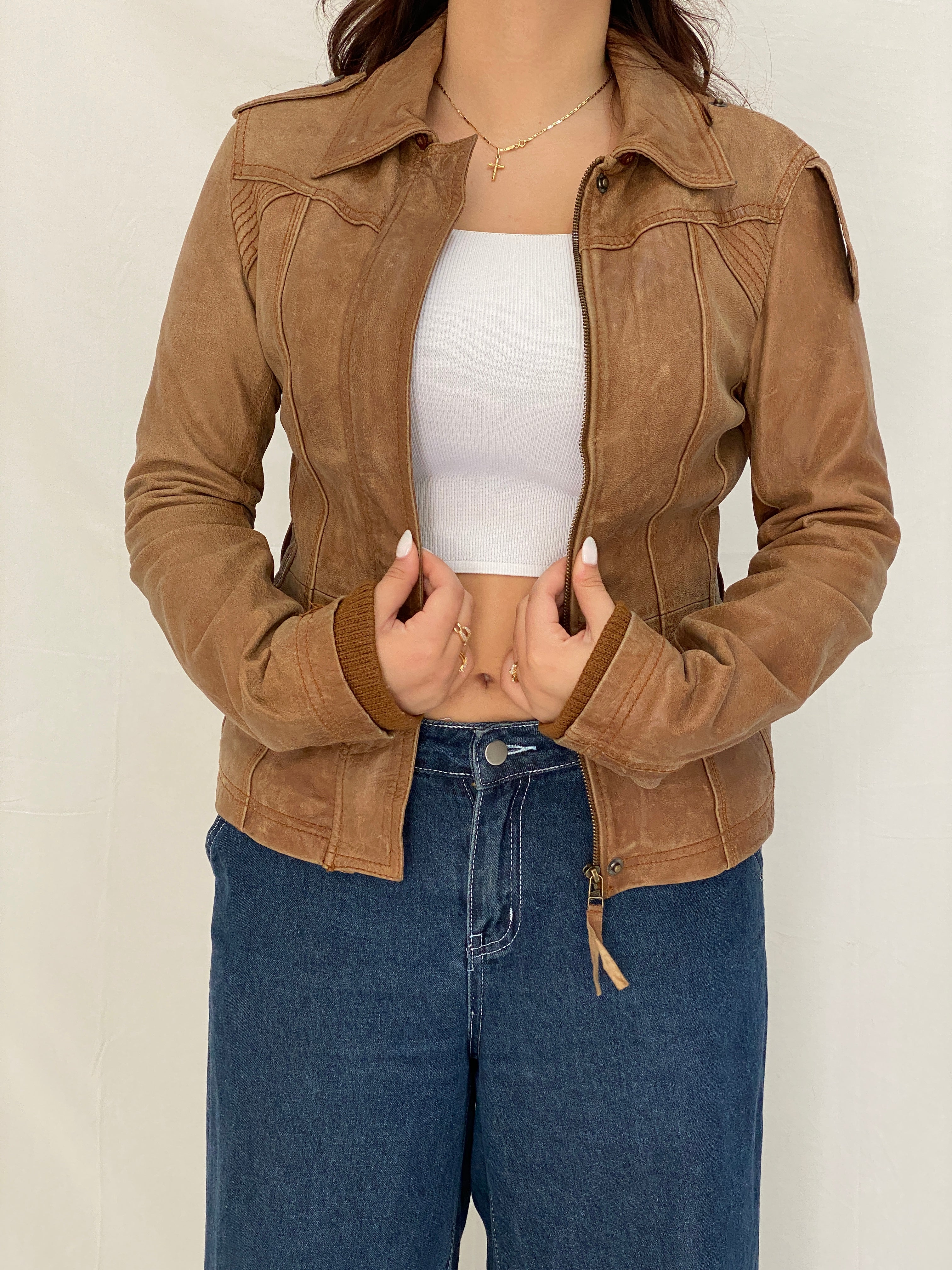 Y2K Stradivarius Real Leather Moto Tan Leather Biker Jacket - M