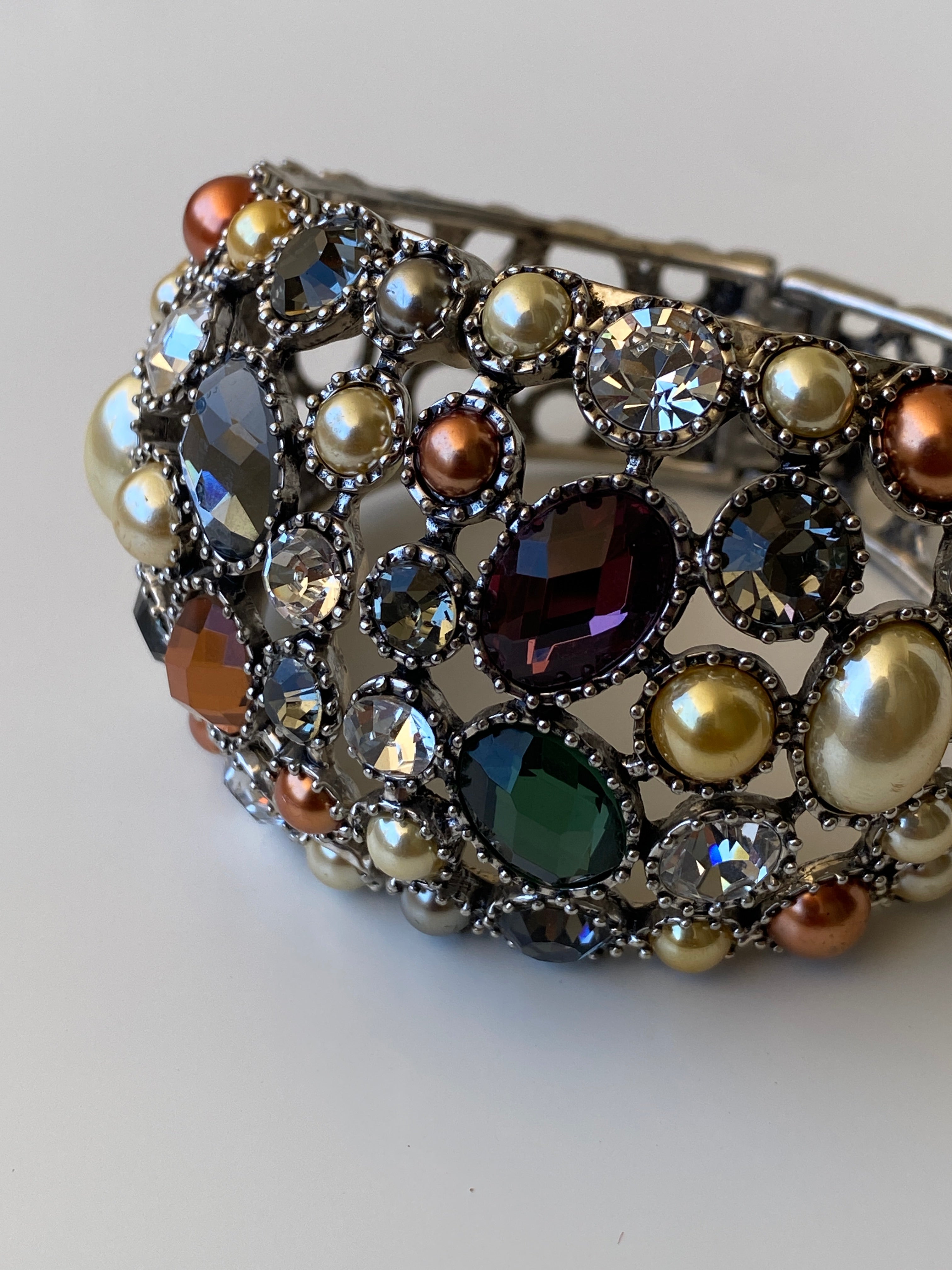 Vintage Jewel Tone Rhinestone Cuff Bracelet Pearl & Crystal Statement Bangle
