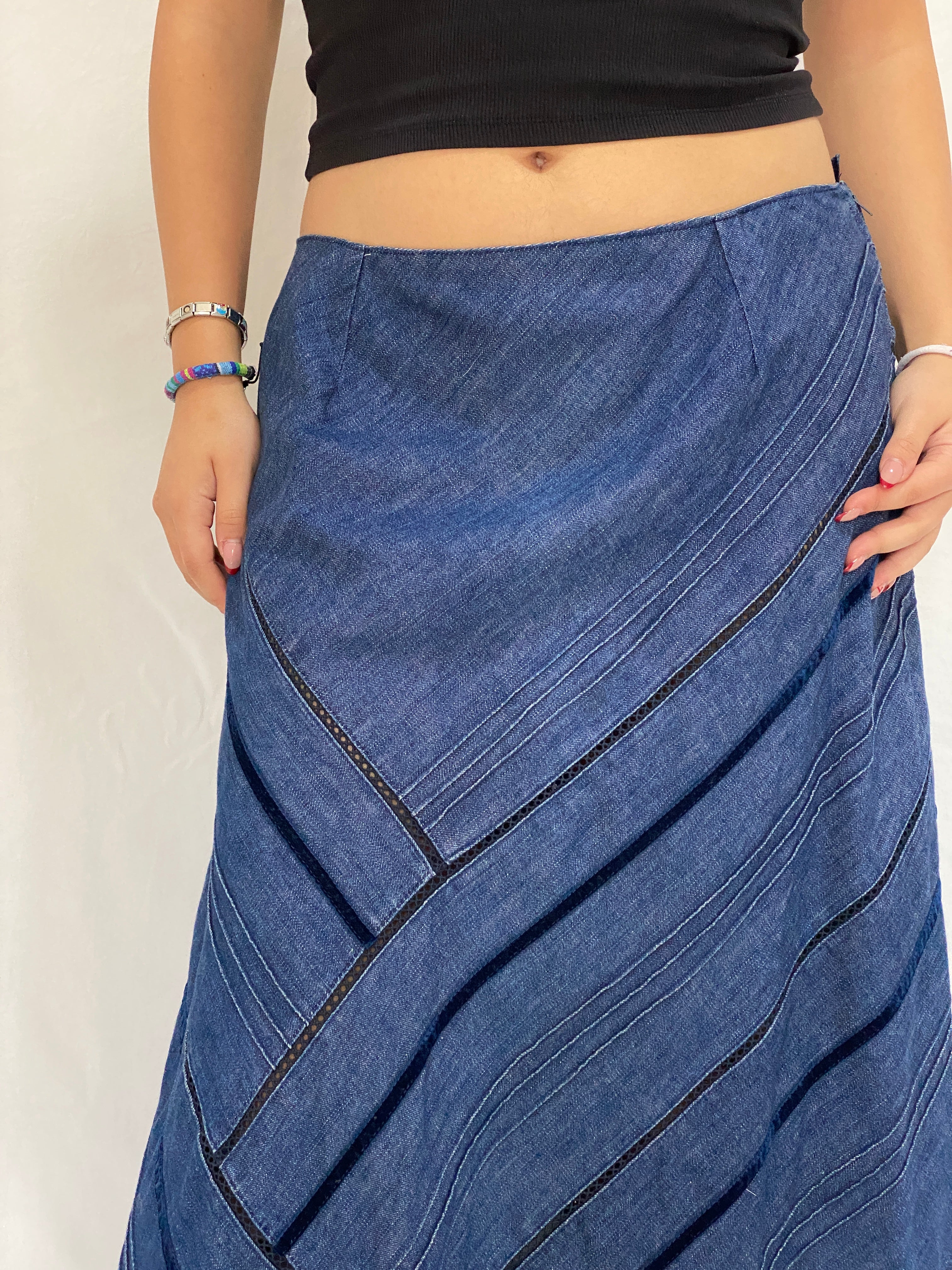 Handmade Patchwork Denim Midi Skirt Y2K Asymmetric Panel Skirt with Lace Trim - XL