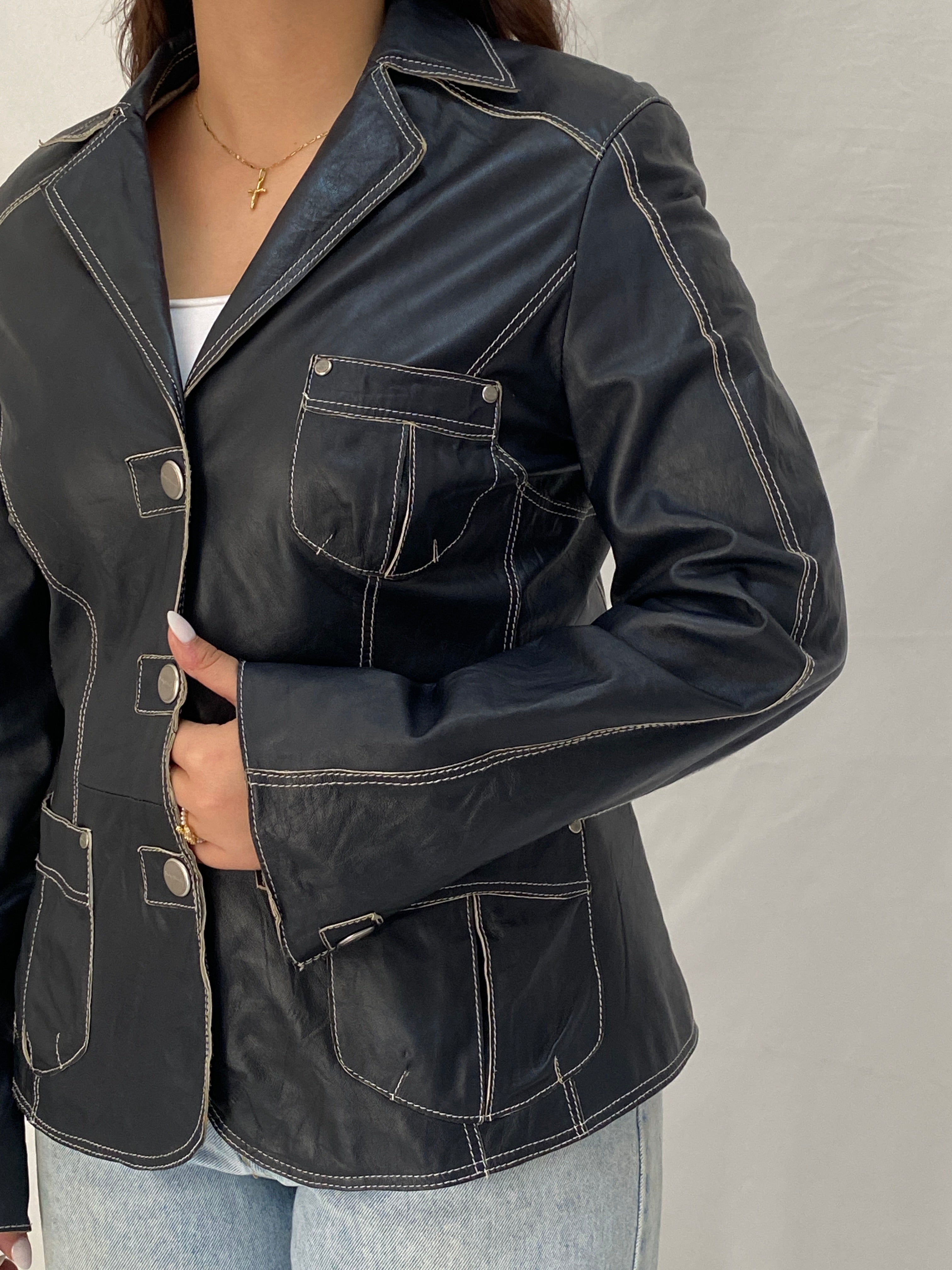 Vintage Betty Barclay Genuine Leather Jacket Dark Navy Contrast Stitch Blazer Style - L