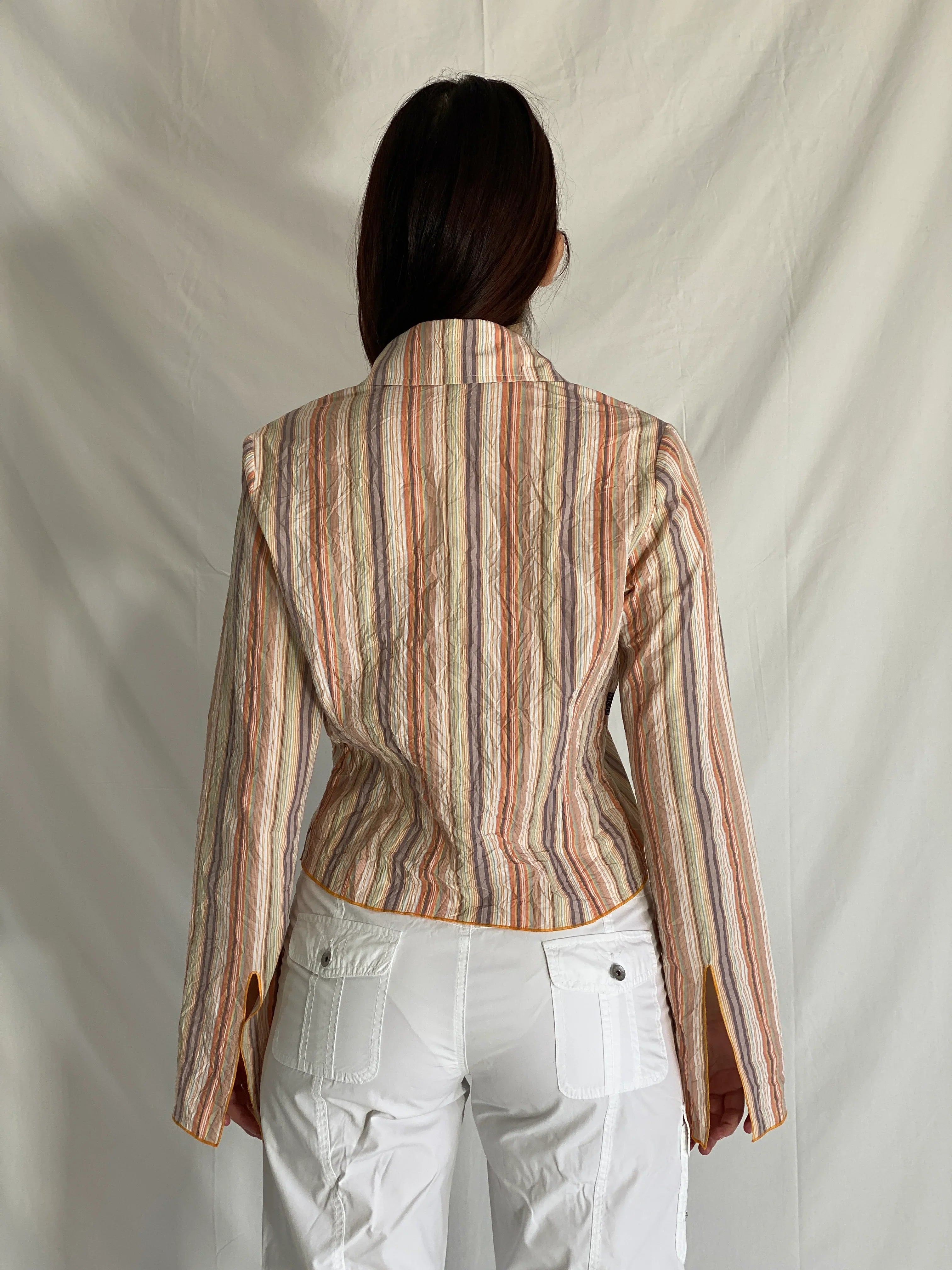 قميص مخطط بأزرار من الطراز القديم Y2K، متعدد الألوان، بأكمام طويلة، قميص مخطط للمكتب - مقاس L