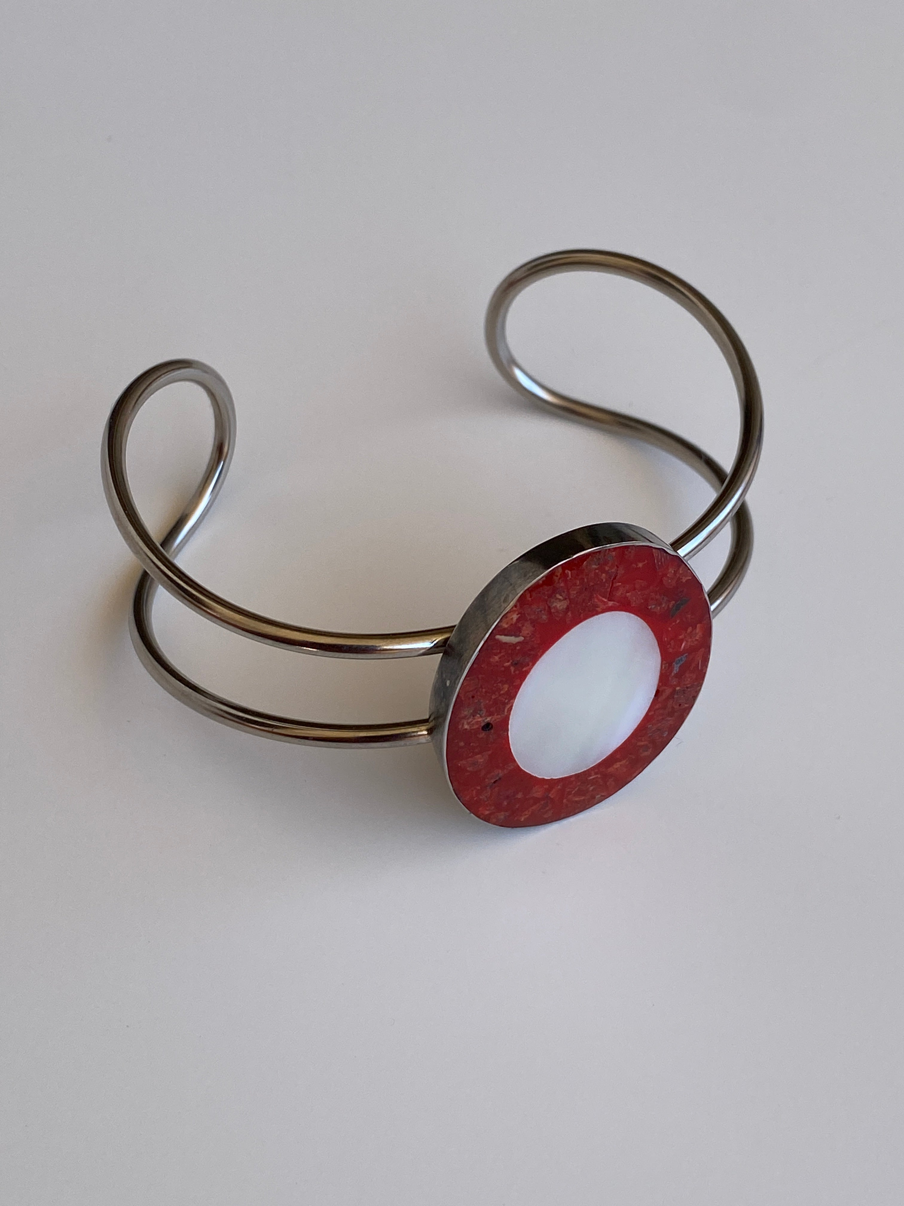 Vintage Modernist Red Resin Inlay Silver-Tone Open Arm Cuff Bracelet