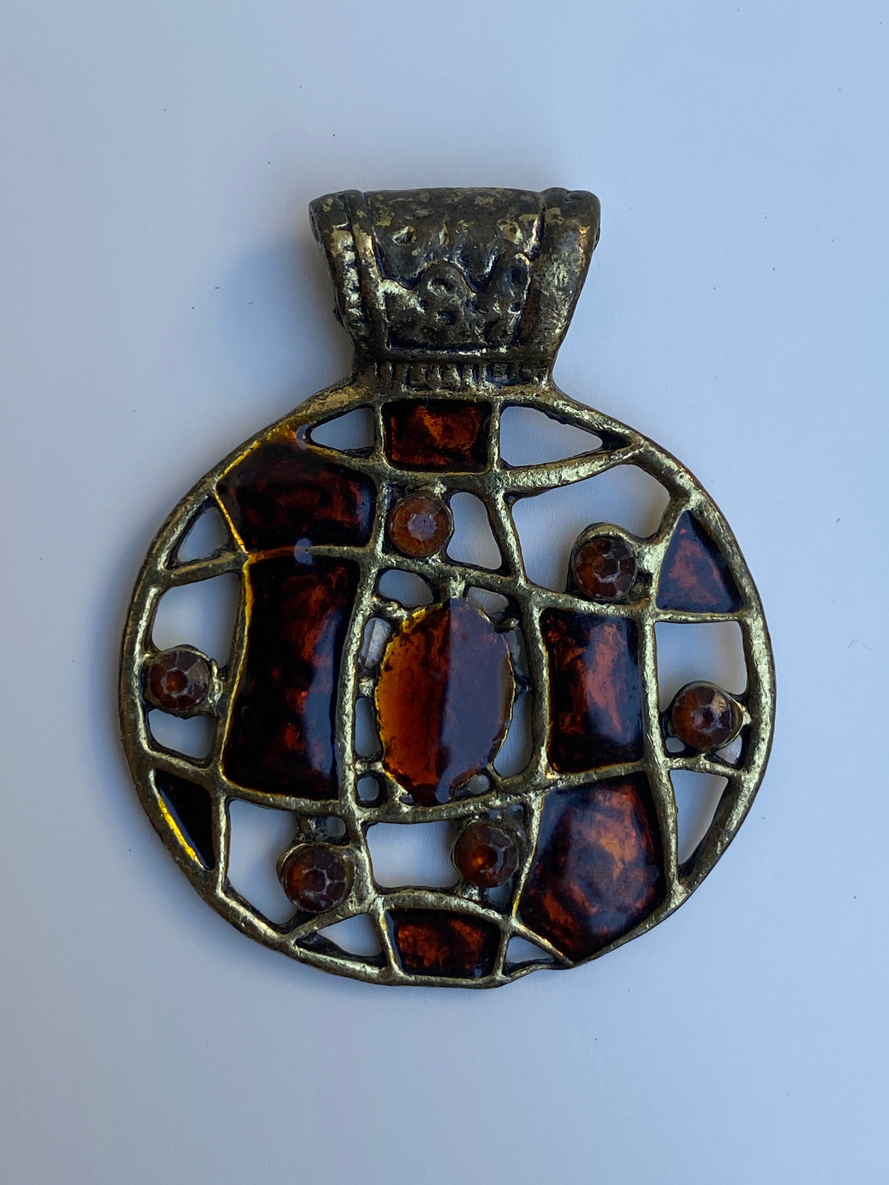 Vintage Brutalist Amber Glass Mosaic Artisan Round Pendant