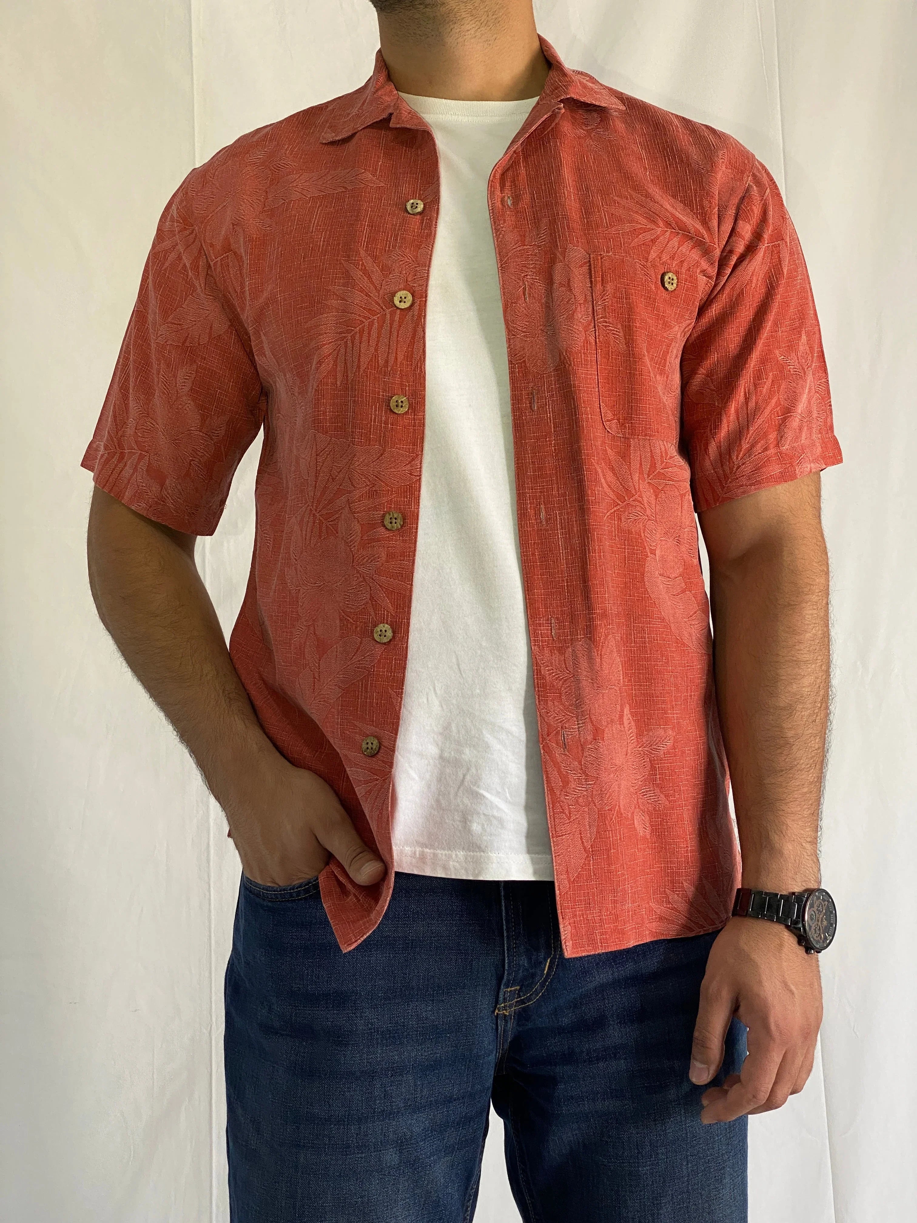 Vintage Island Shores Original Island Wear Washable Silk Red Jacquard Shirt - S