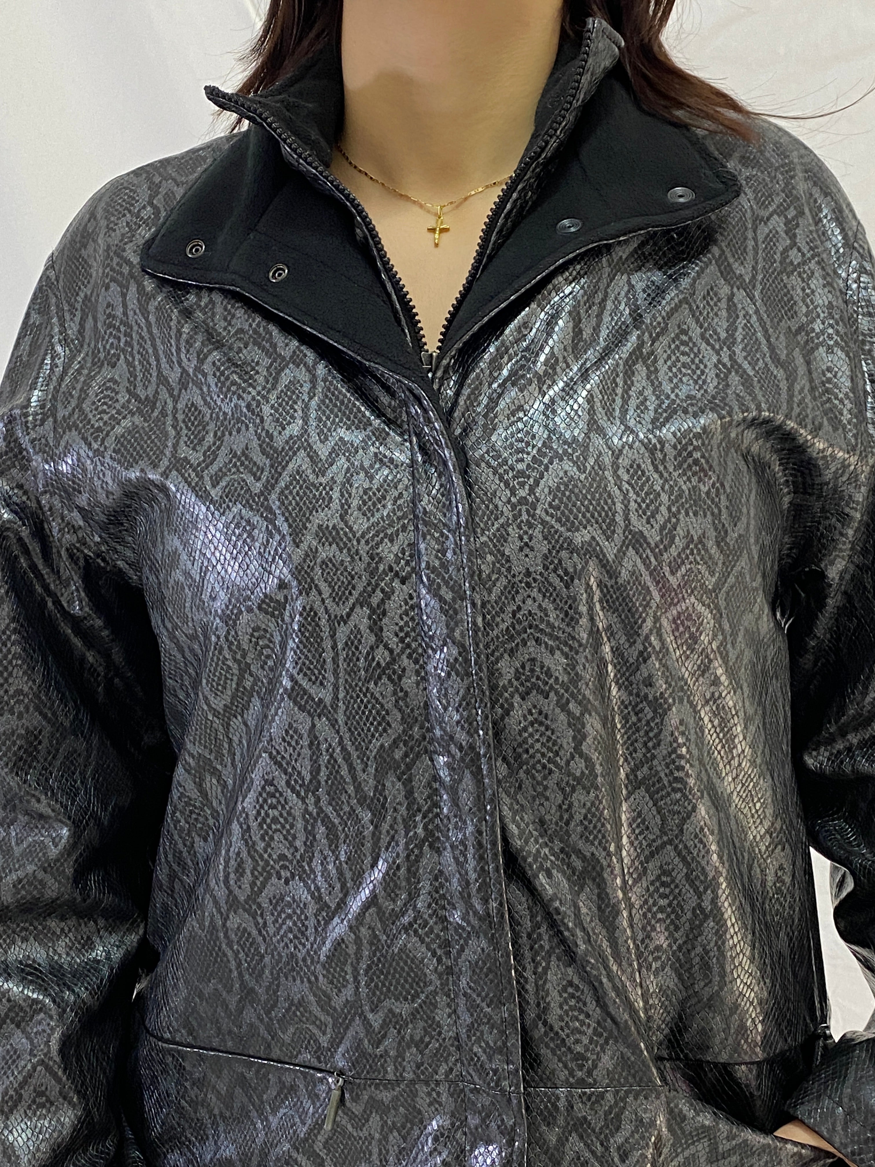 Vintage Lisa Tossa Black Metallic Snake Print Long Raincoat Jacket – M