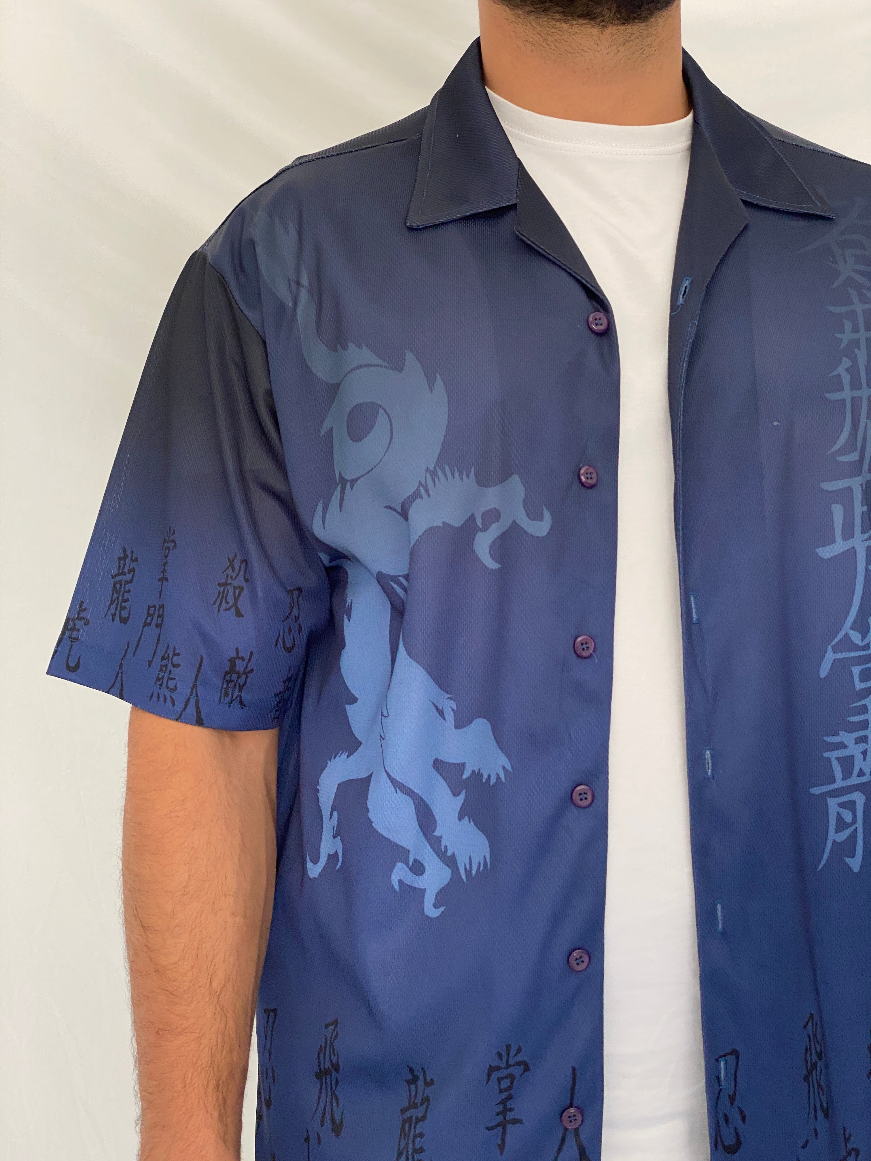 Vintage U Utility Blue Dragon Mesh Y2K Asian Graphic Shirt – M