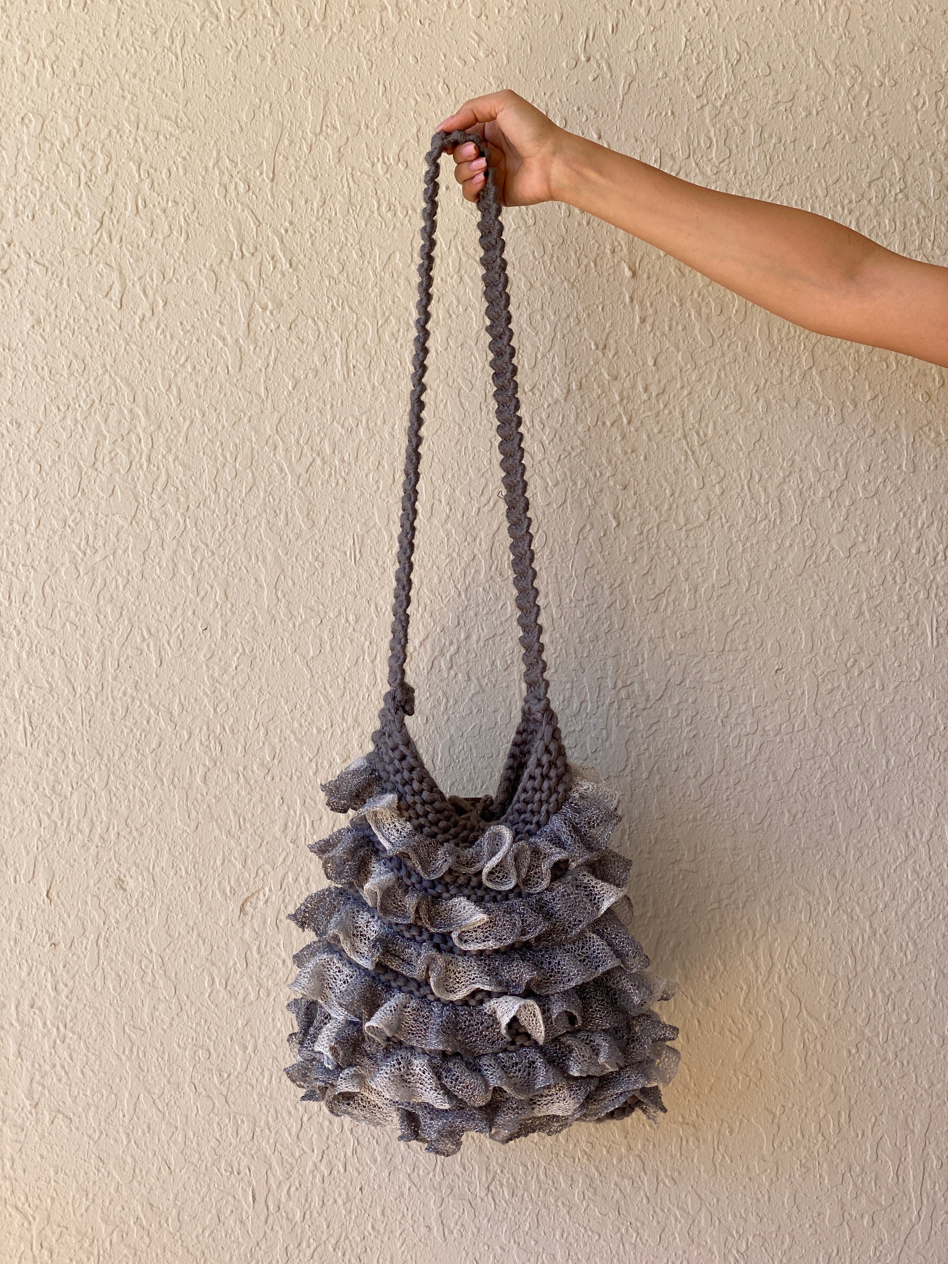 Y2K Ruffled Crochet Shoulder Bag Knitted Gray Whimsy Crossbody Bag