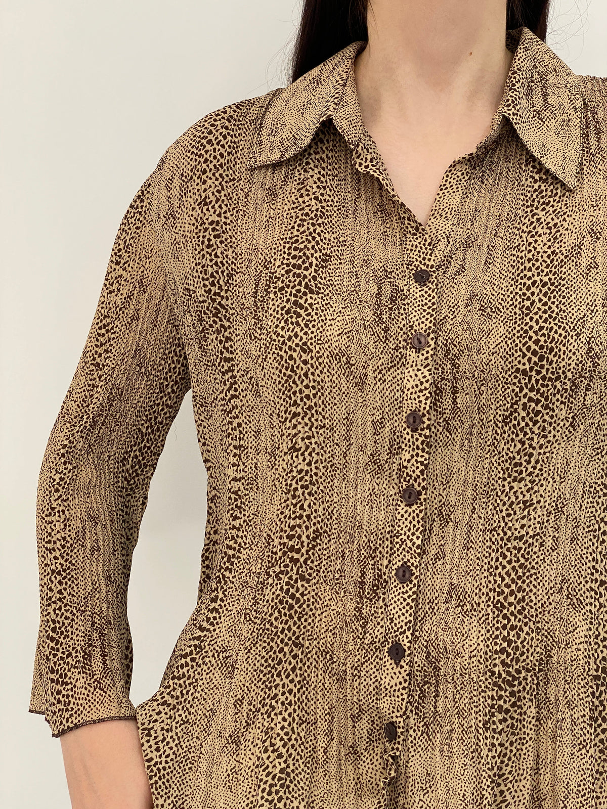 Vintage Y2K Covington Beige Brown Animal Print Button-Up Blouse - XL