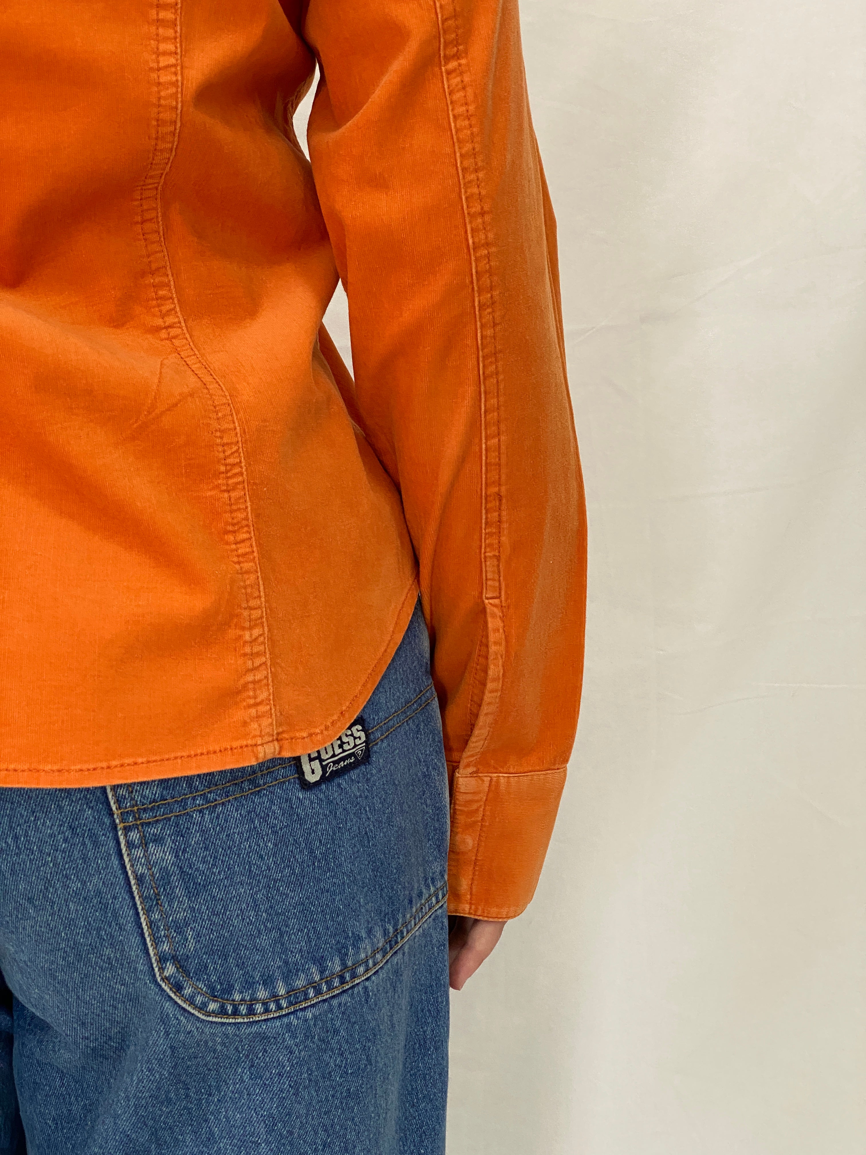 Y2K Liz Claiborne Orange Corduroy Lightweight Full Sleeve Shirt - M