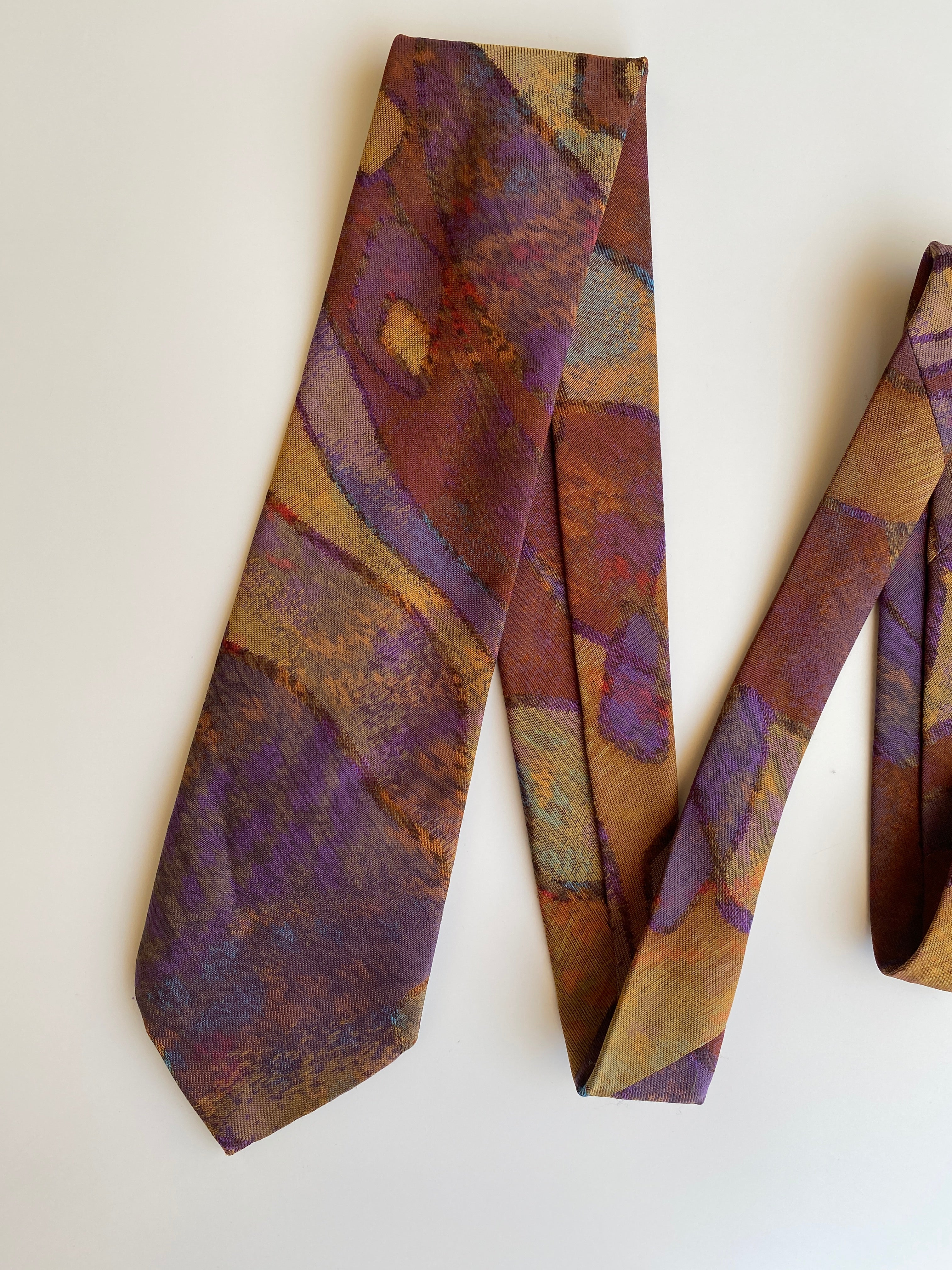 Vintage 1980s–90s Abstract Print Tie Purple & Ochre Wide Necktie