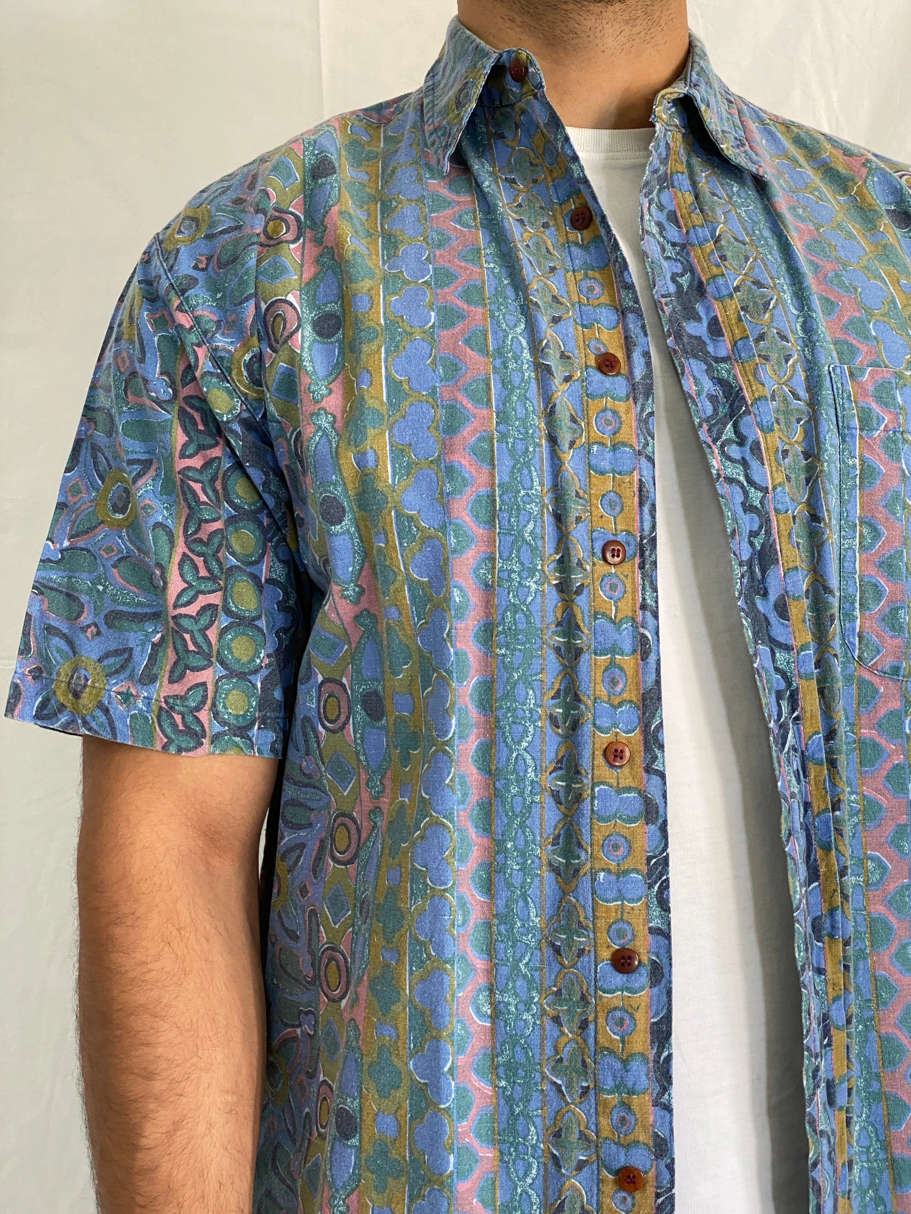 Vintage BADGE Short Sleeve Cotton Blue Geometric Print Shirt - M