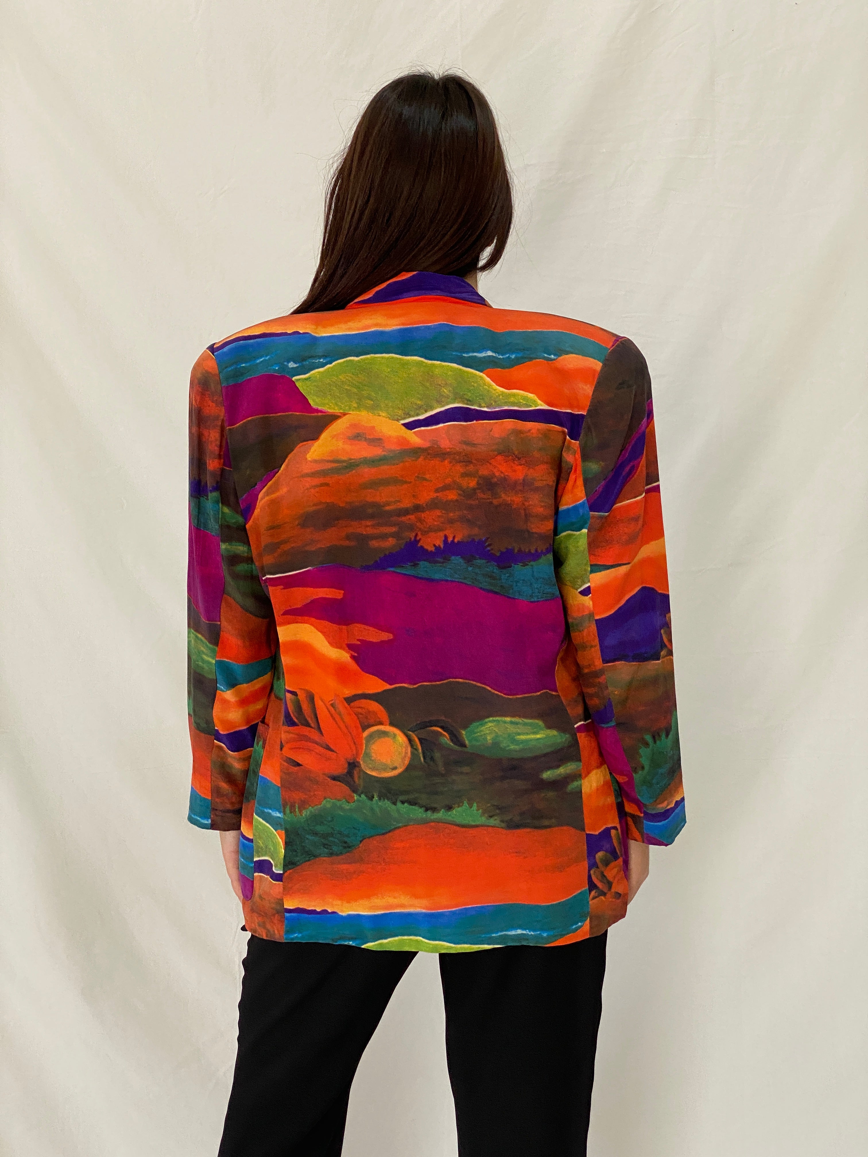 Vintage Linda Allard for Ellen Tracy Silk Abstract Landscape Art Print Blazer - M