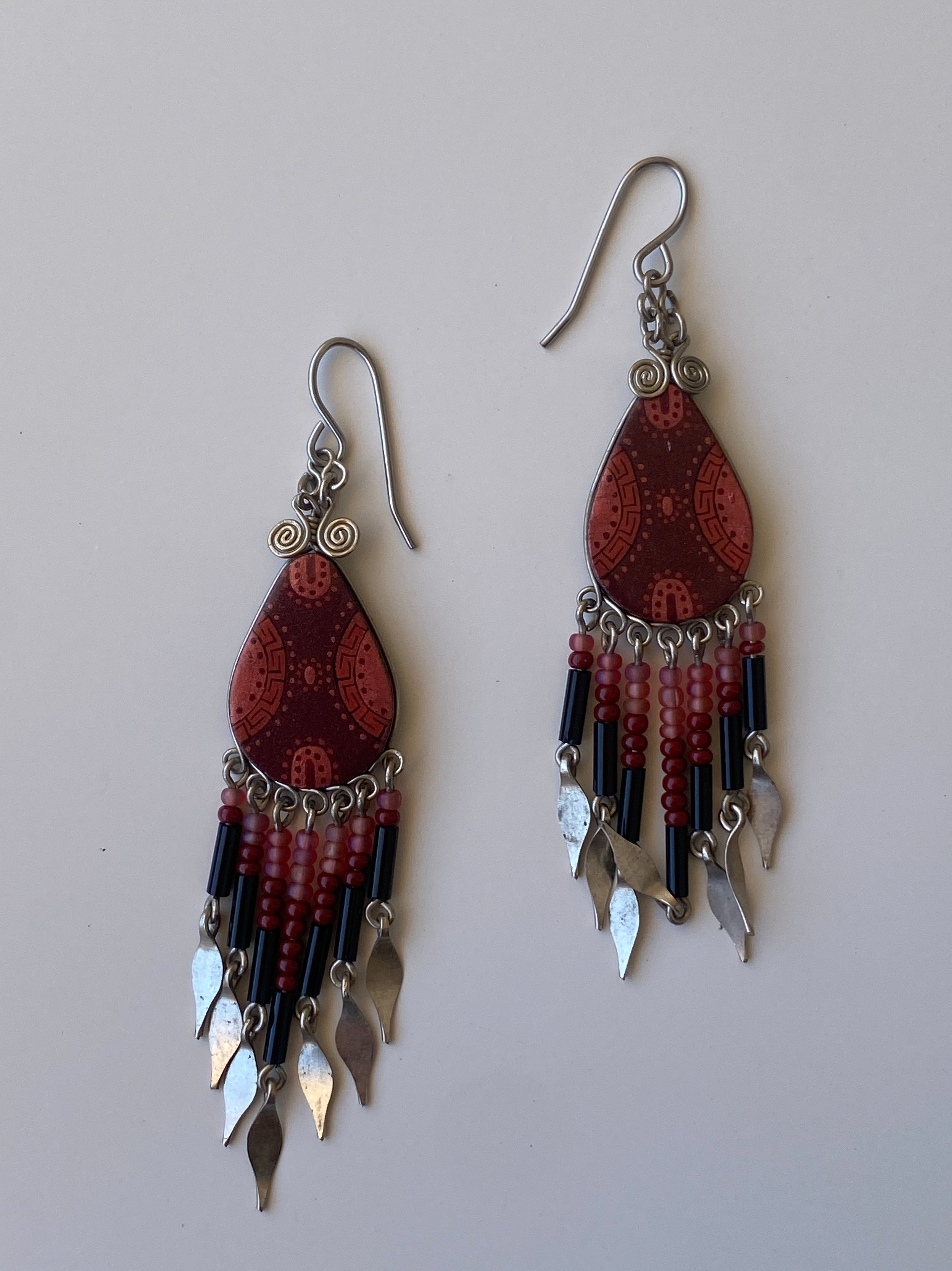 Vintage Boho Beaded Fringe Drop Earrings Tribal Inspired Red & Black Statement Earrings