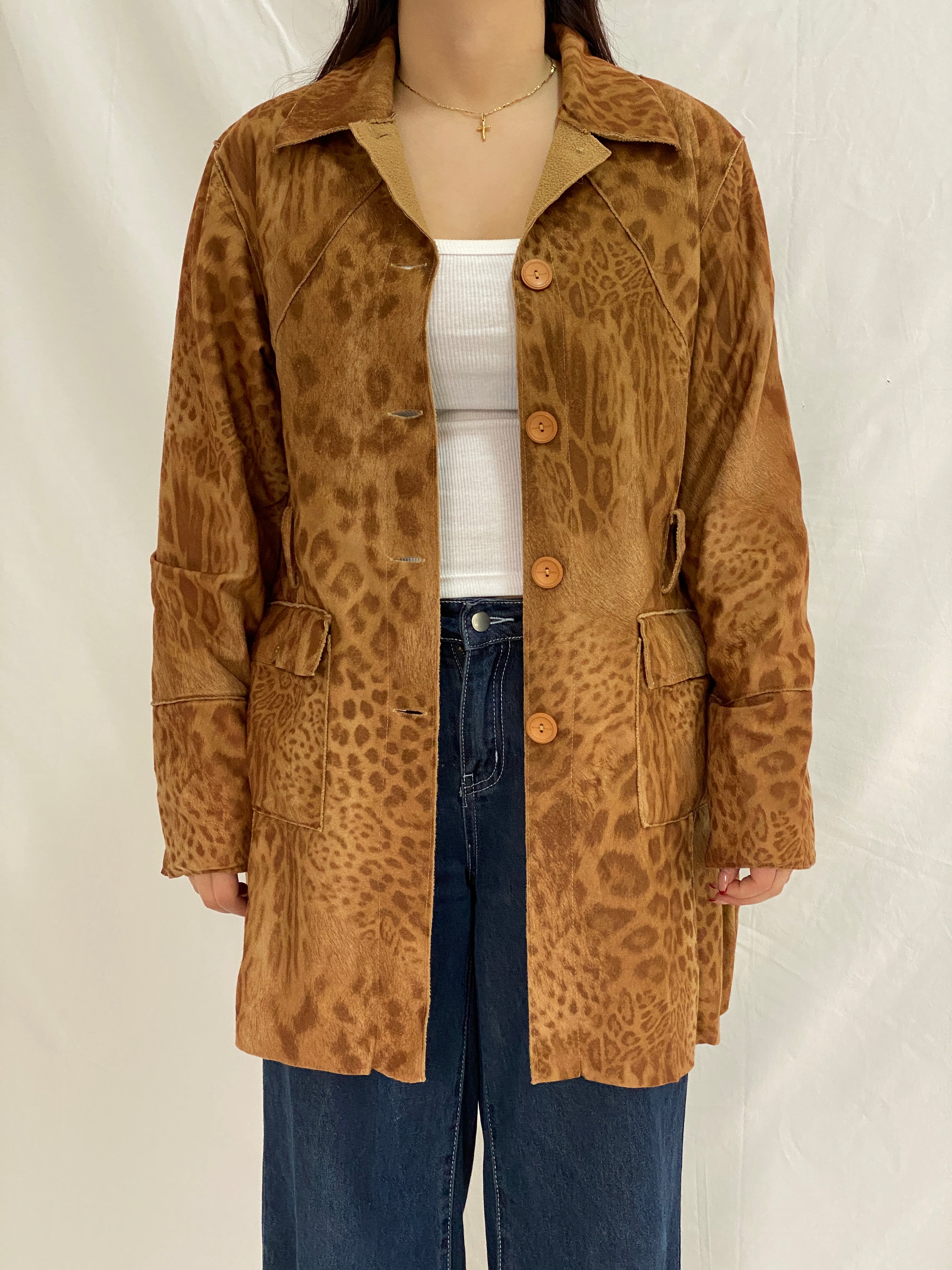 Vintage JIA YAO Leopard Print Faux Suede Longline Light Coat Button-Up Jacket – XL