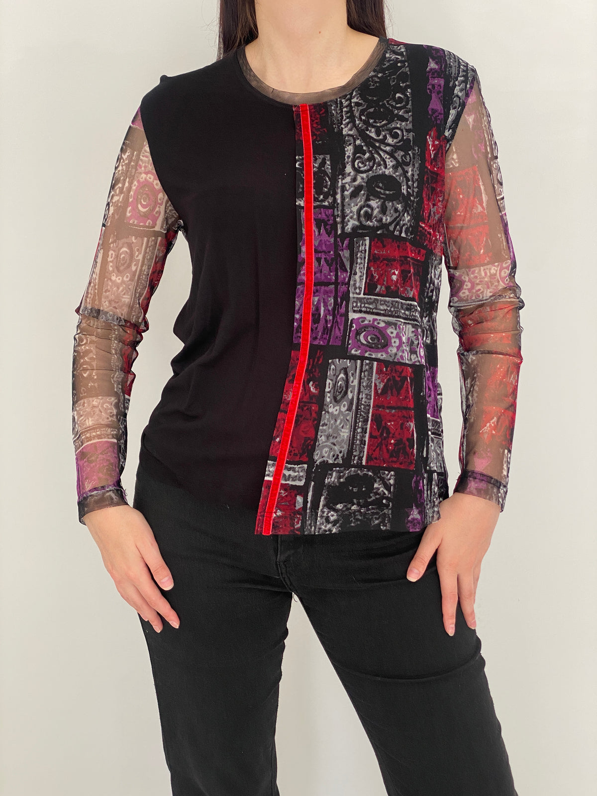 Vintage EQUUS Black Abstract Print Mesh Sleeve Grunge Top – L
