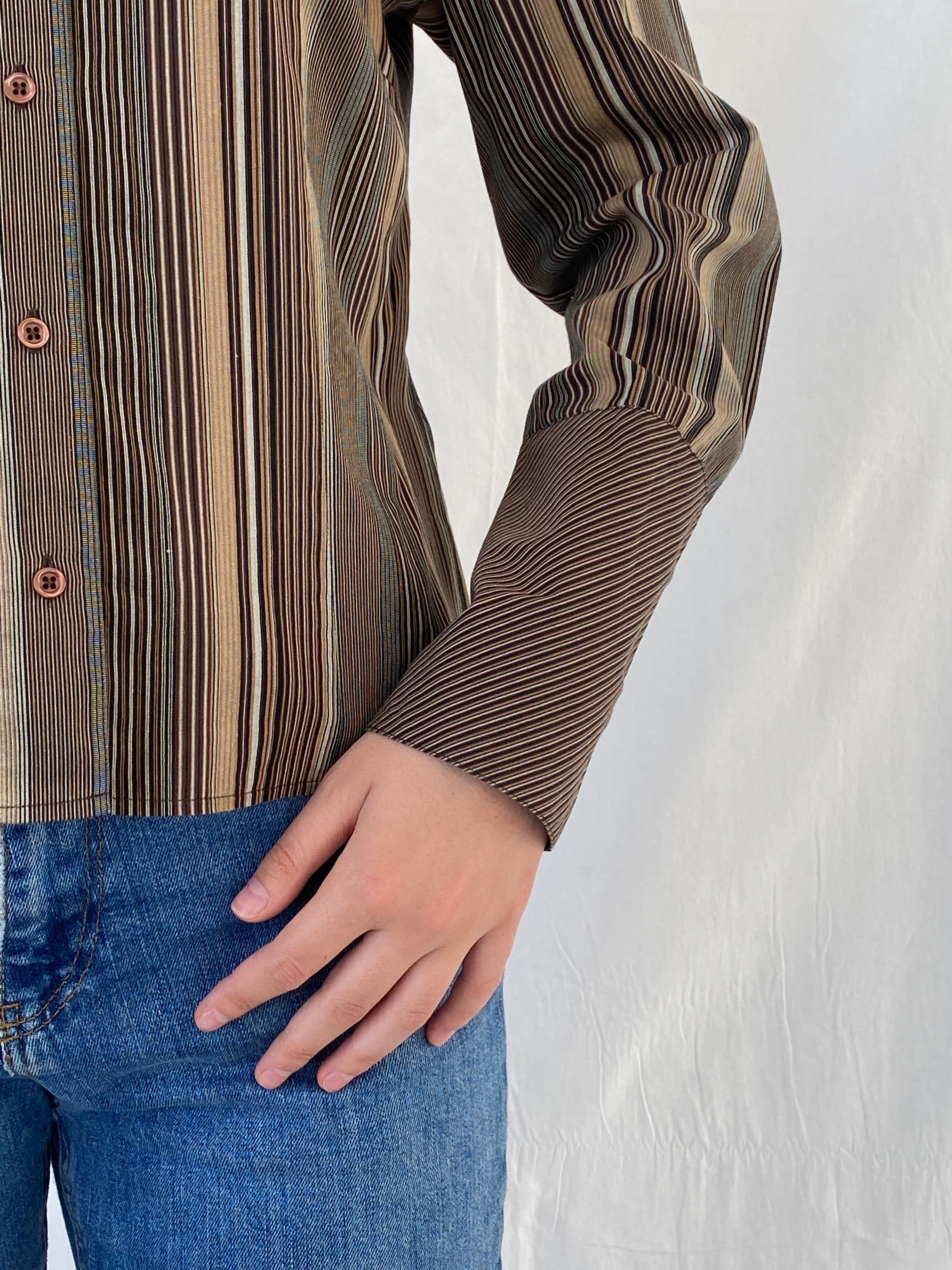 Vintage Taifun Collection Striped Brown Long Sleeve Office Shirt - M