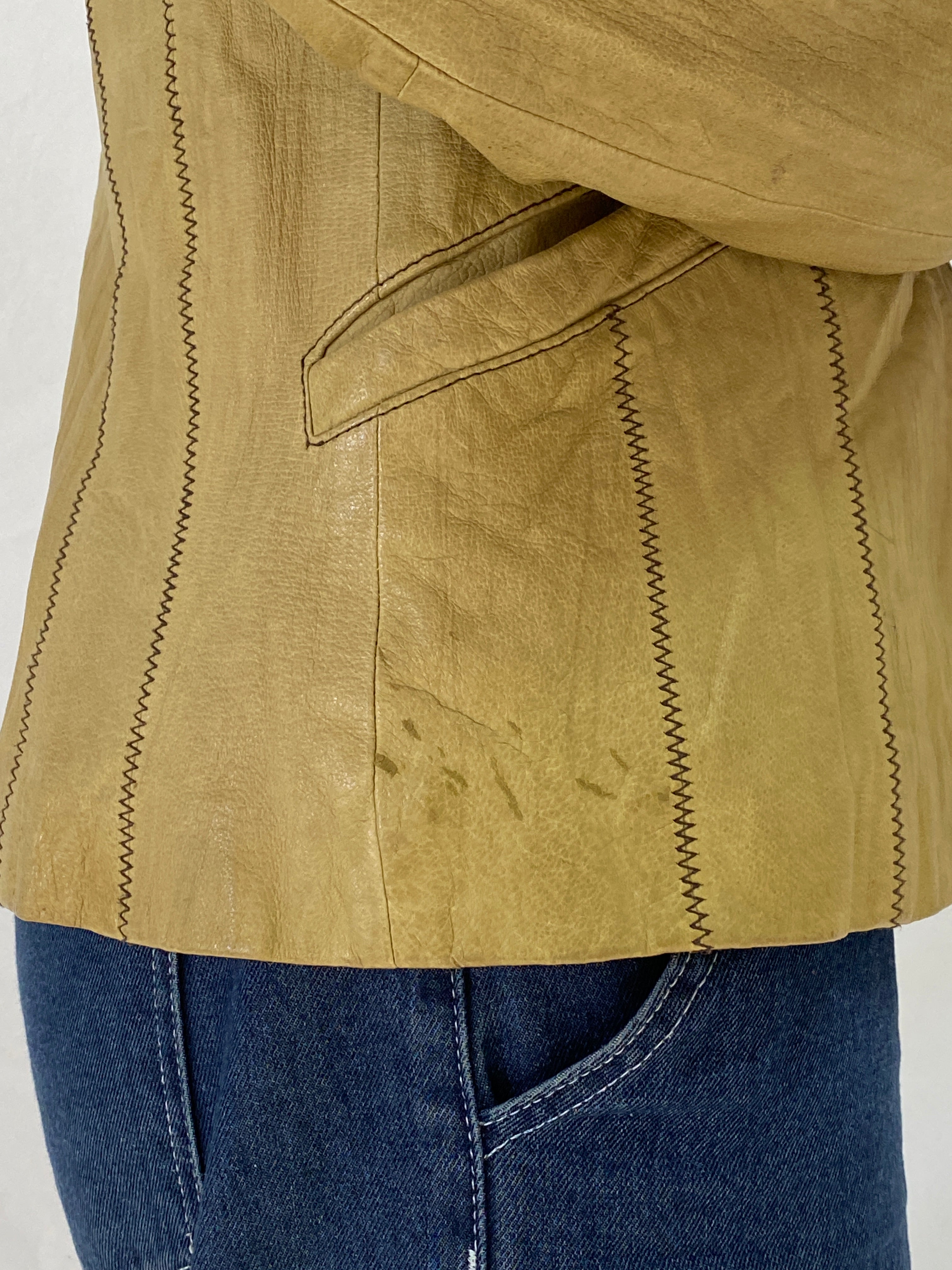 Vintage Attr@ttivo Tan Genuine Leather Blazer with Contrast Stitching Tailored Jacket – M