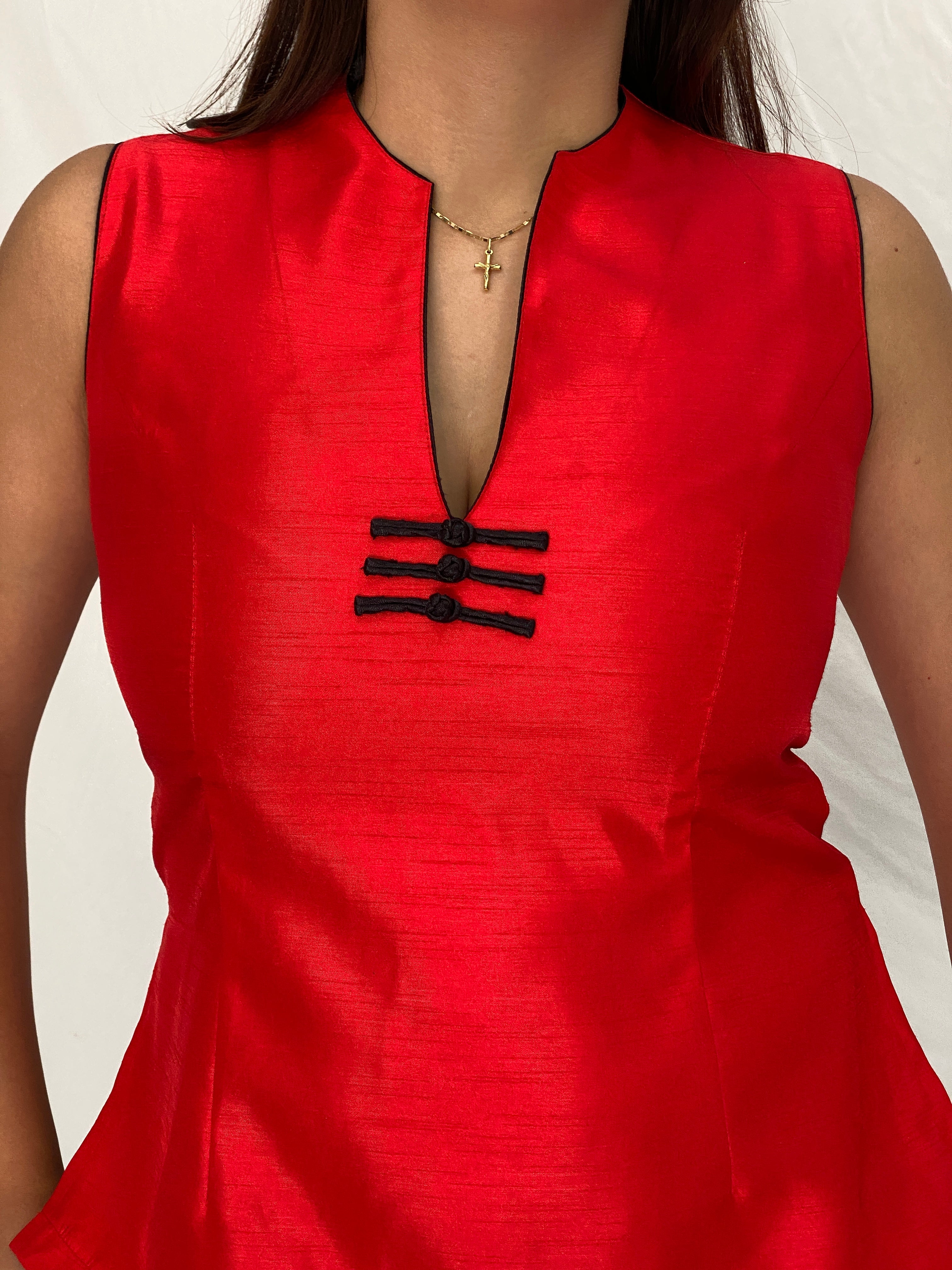 Vintage Handmade Japanese-Inspired Red Shantung Sleeveless Top – L