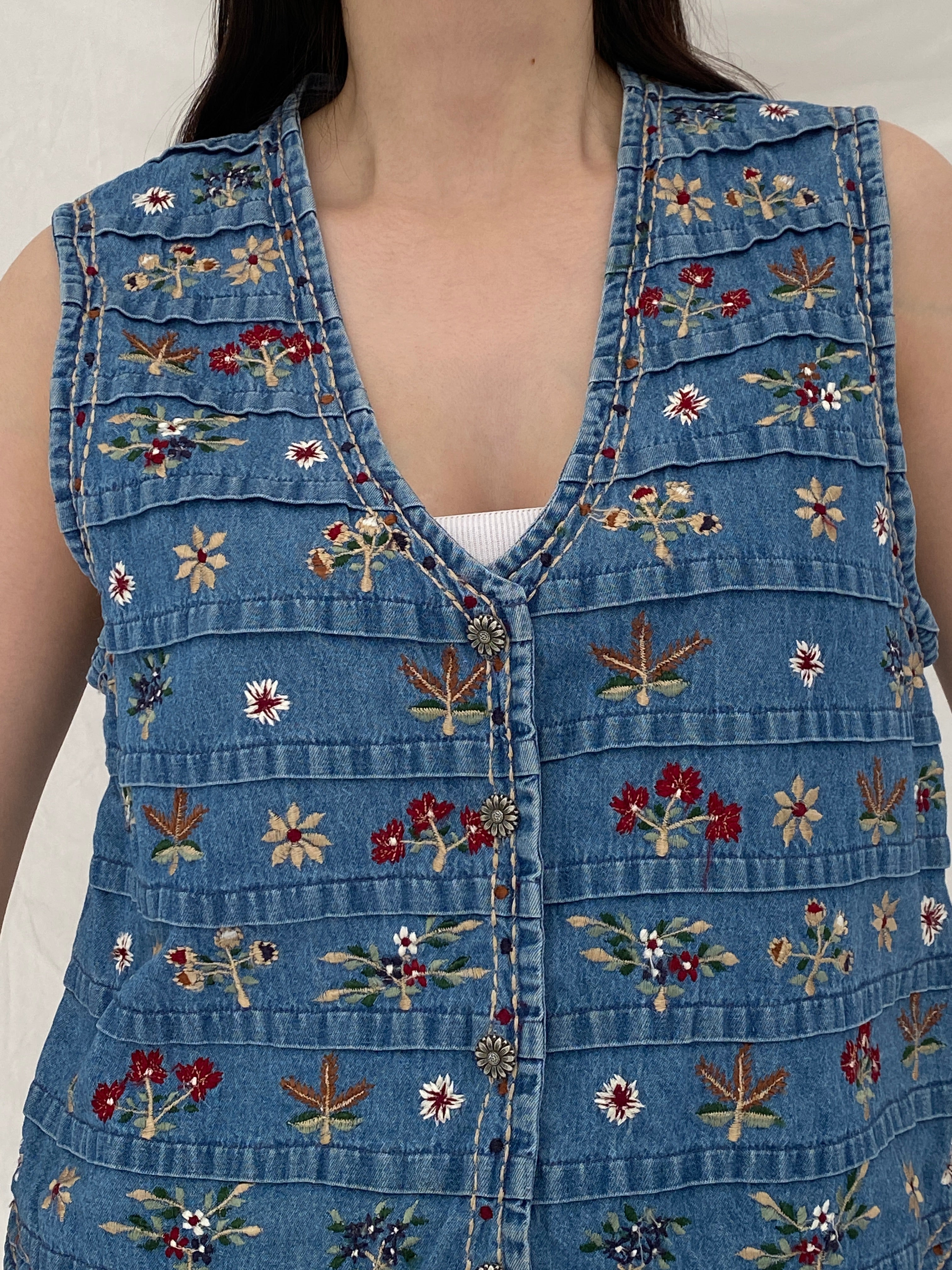 Vintage New Directions Boho Floral Embroidered Denim Vest - L
