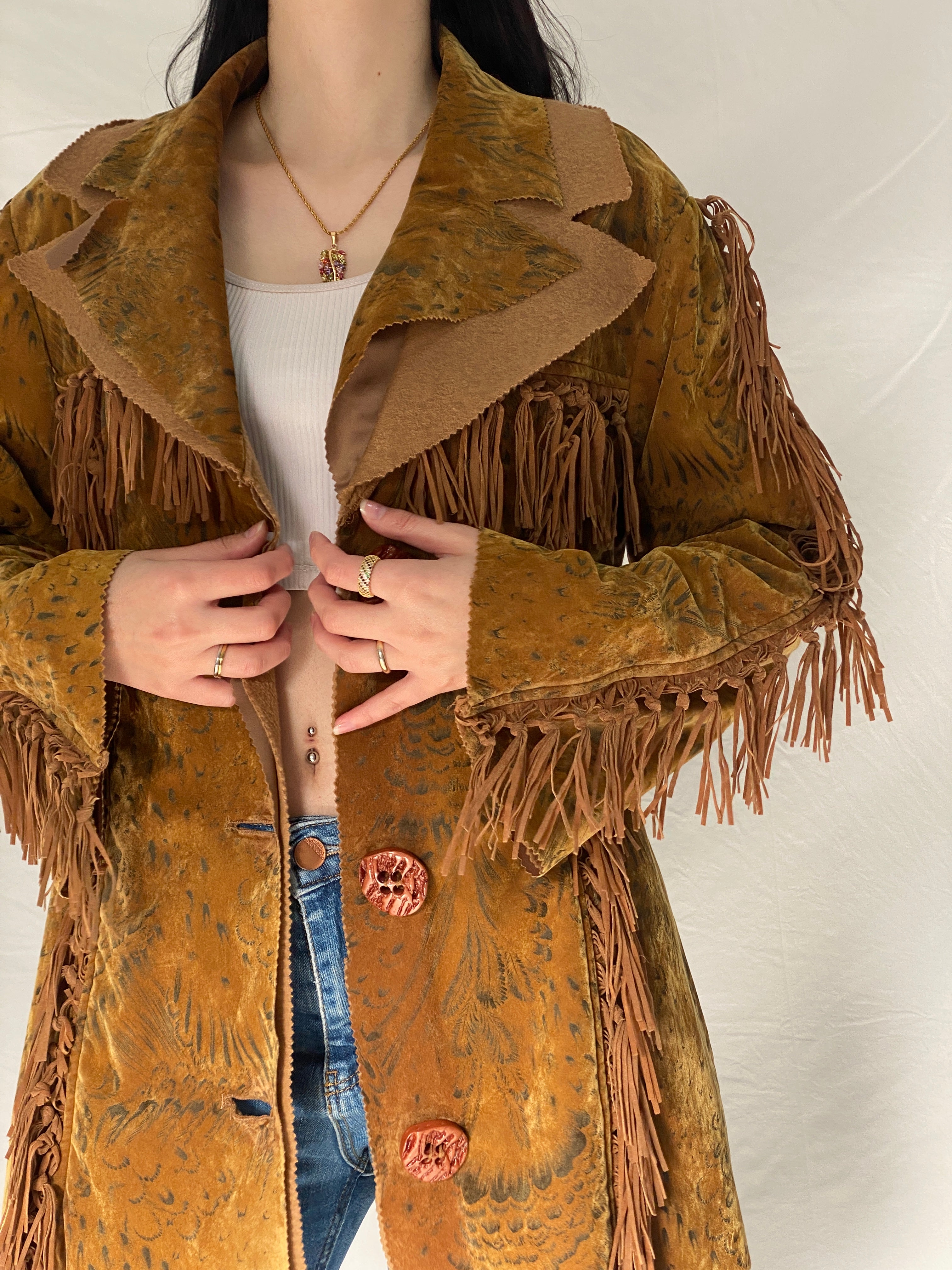 Vintage Dance Girl Fashion Western Fringe Faux Suede Jacket Boho Cowboy Statement Coat - XL