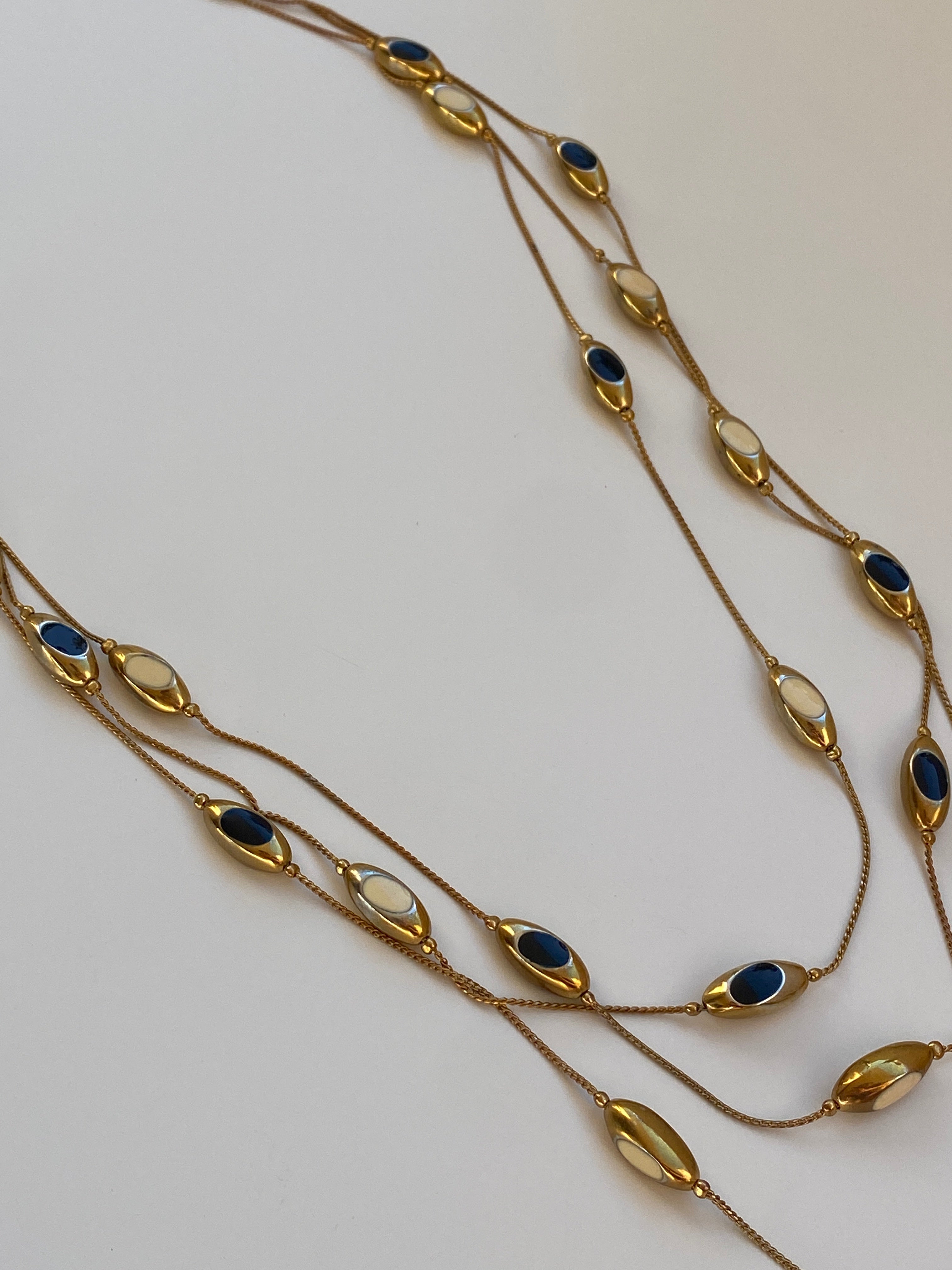 Vintage Y2K Gold-Tone Navy & Ivory Enamel Triple-Strand Long Necklace